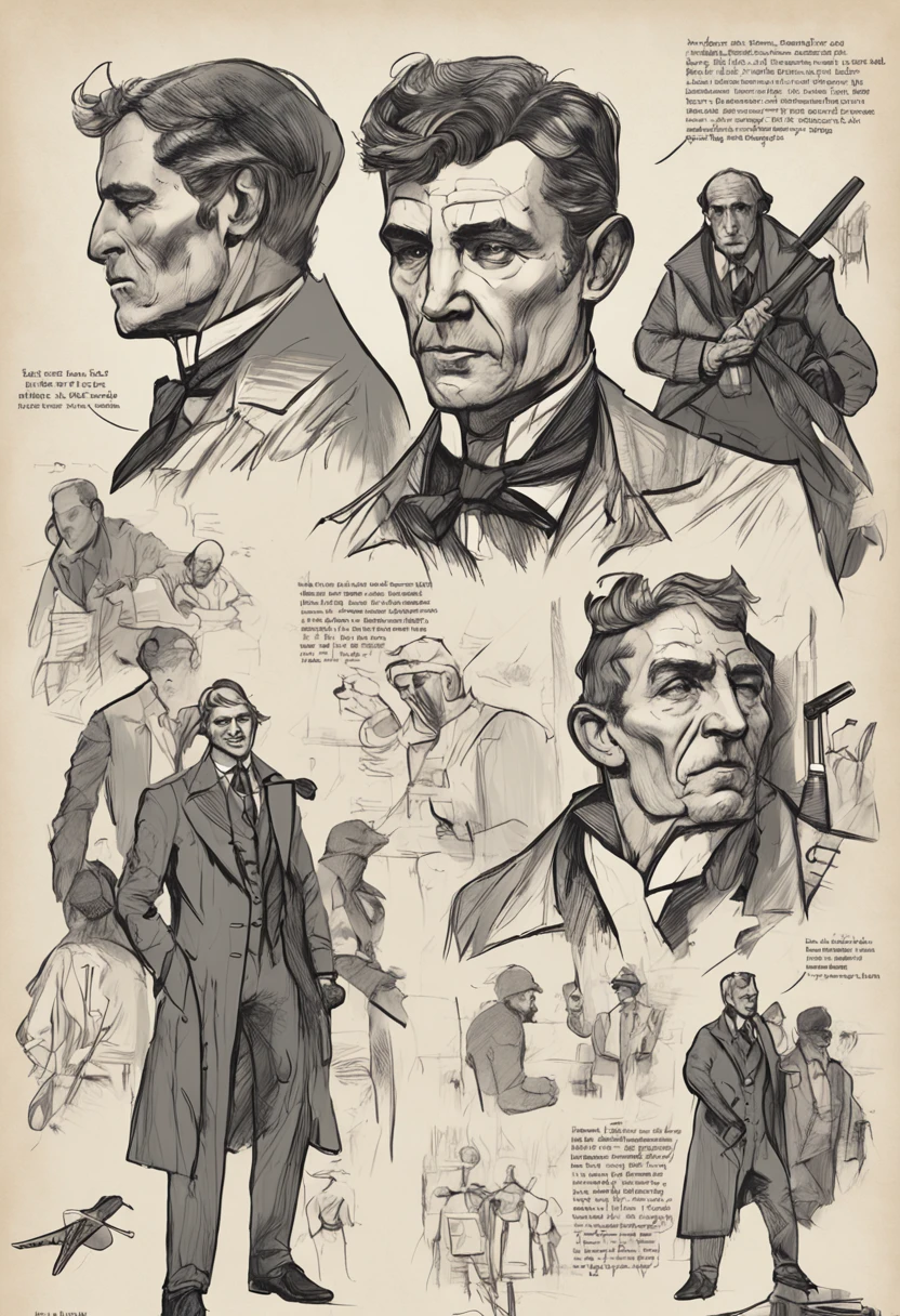 Some colors, sketchbooks, handpainted, Dark, grittiness, realistic sketch, Rough sketch, the mix of bold dark lines and loose lines, Bold lines, On paper,  character sheets,Xuro as Sherlock Holmes, Humanoid, full bodyesbian