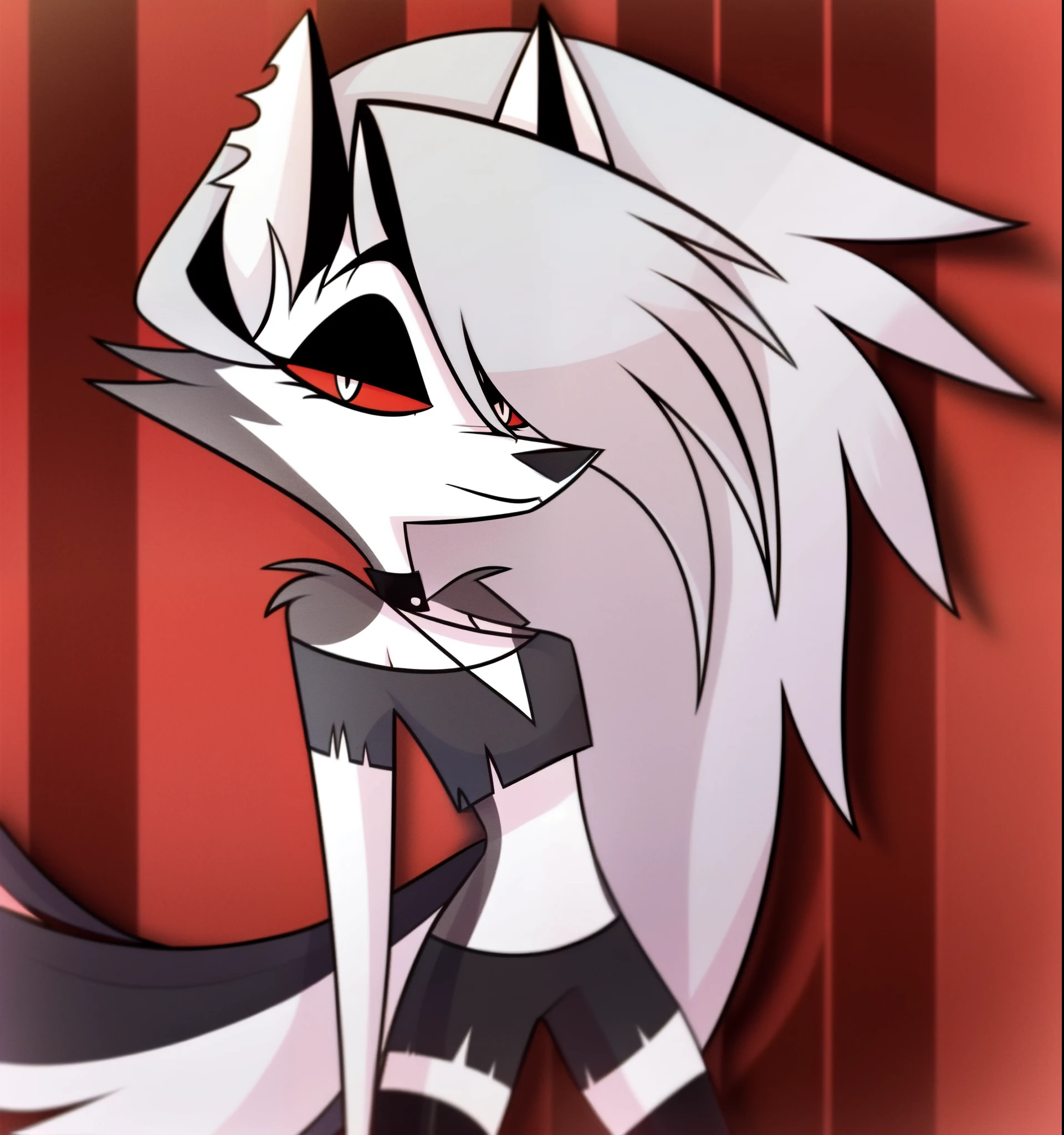 (Vivziepop style), anthro, canid, canid demon, demon, female, hellhound, helluva boss, instagram, (loona), mammal, midriff, official art, red sclera, safe content, shoulderless shirt, solo, long grey hair, (by vivzmind)