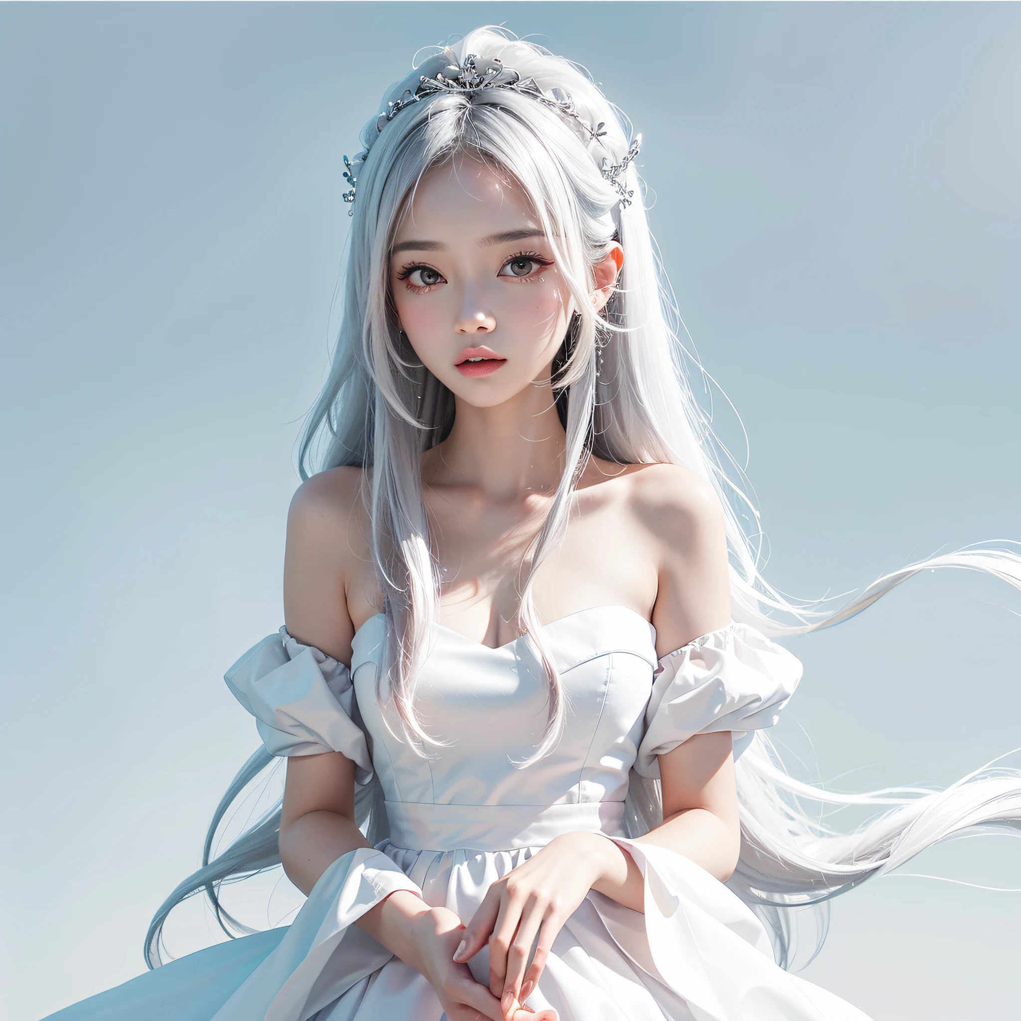 （tmasterpiece、best qualtiy、A high resolution），white backgrounid，Acrylic paints，（（Color mixing，Splash ink、Color mixing）），Sweet asian girl，wearing simple，white dresses，silver-white long hair，[white colors|Silvertone]the hair，curlies，glitters，Pink lips，white  skirt，wearing simple，frontage，The upper part of the body，The character is centered，Does not obscure characters，with light glowing，solid color backdrop