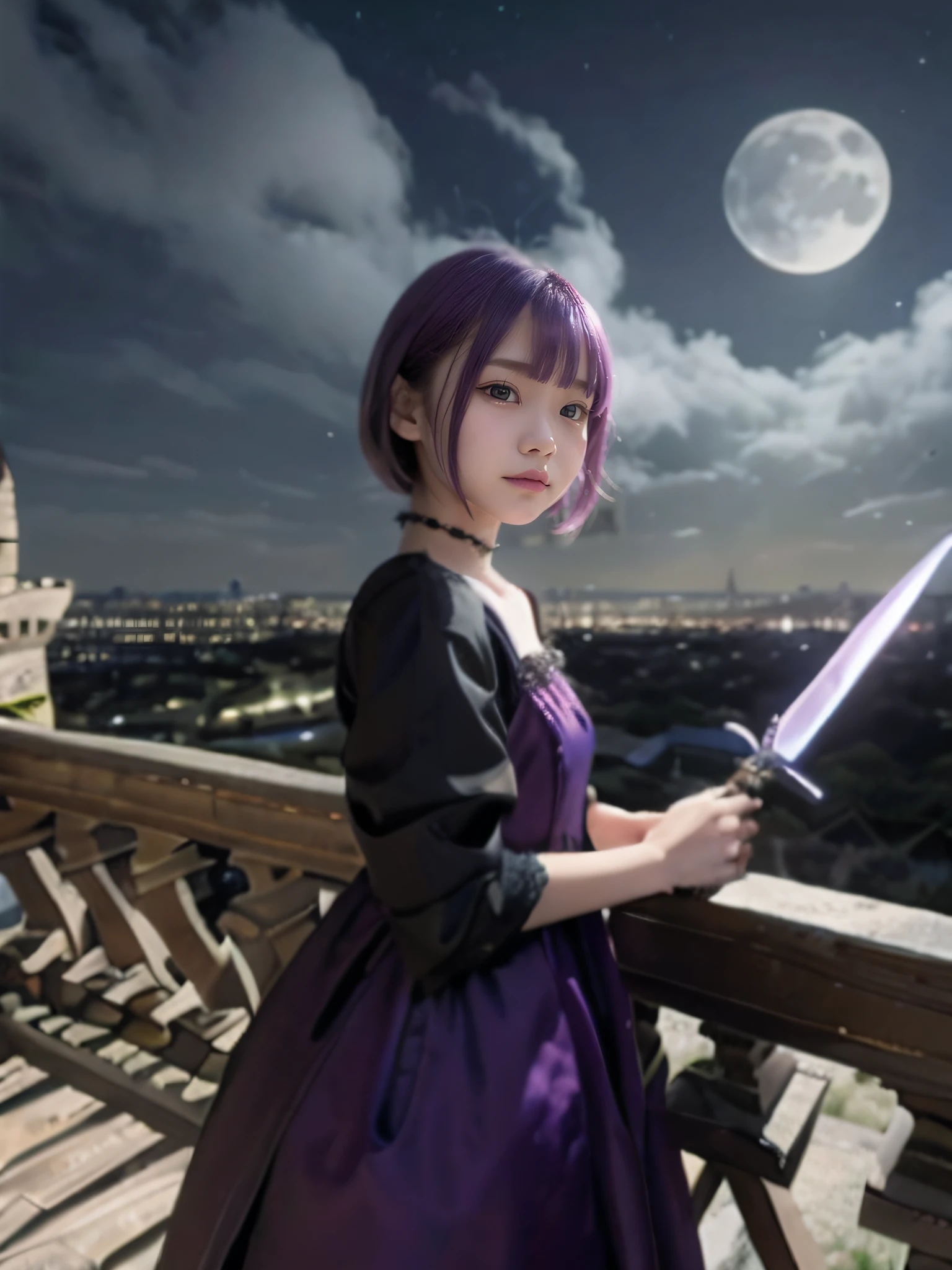 8K、detaileds、A detailed face、14 years old girl、kawaii、short in stature、Young Face、Inappropriate smile、purple color hair、Dress style clothes、Holding a dagger in your hand、Castles、a dark night、Moonlight shines、2.5 dimensions、Anime style