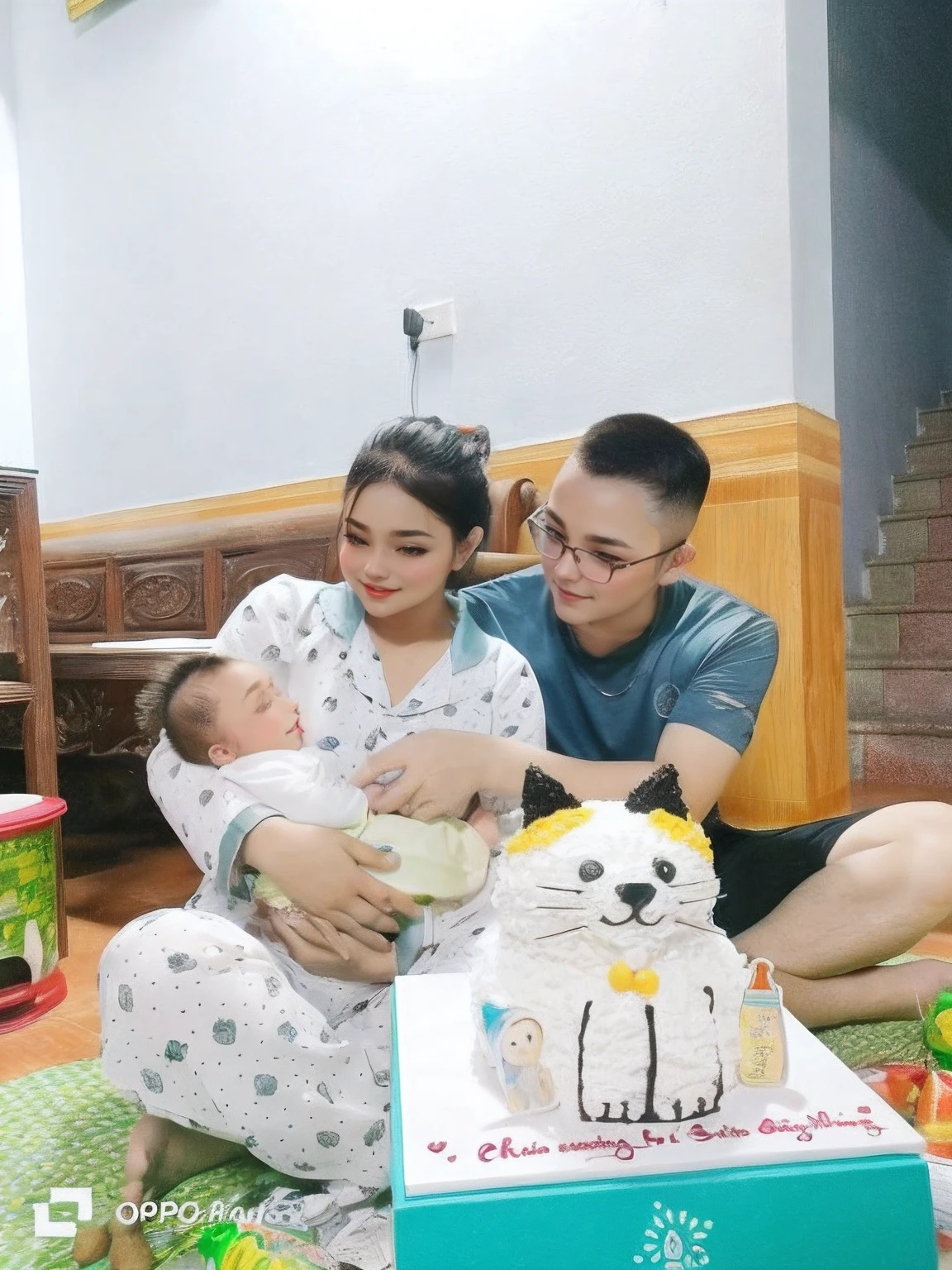 The girl on the left is a mother around 26 years old, holding her child, smiling shyly, with dimples on her cheeks, the guy on the right, around 30 years old, wearing glasses, is his father, also smiling shyly, Realistic anime, Colorful Anime、the color of the dress or the color of the clothes is as advertised in professional magazines, Hair style metallic red or green nuggets, iridescent eyebrows, beautiful glitter, attractive curves, dimpled cheeks, genuine, dimpled cheeks, bright red lips, bright scene, background bokeh, candy green tree lines, white human skin, bright, realistic face, like a professional portrait, DSLR, niji style,portrait, simple background,realistic, bare_shoulder, cleavage,