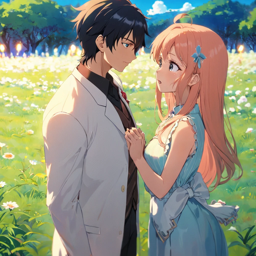tmasterpiece,best qualtiy,cinematic Film still from,1 girl and boy,Stand on the lawn,closeup cleavage,brightly,cheerfulness,Warm and soft lighting,Brightly colored,In the afternoon sun