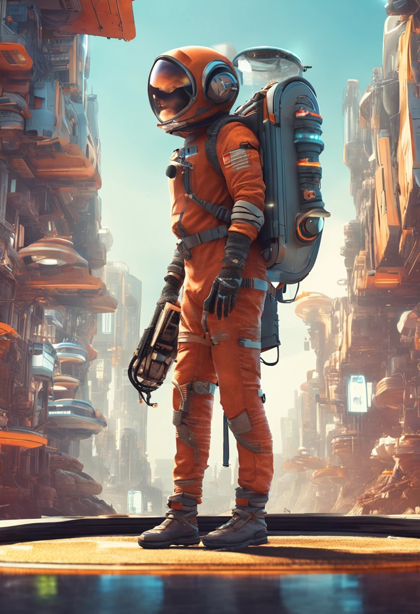"Imagine a character who is a technological space explorer, with a futuristic outfit and high-tech equipment, Ready to explore the world of programming and teach users the secrets of code.