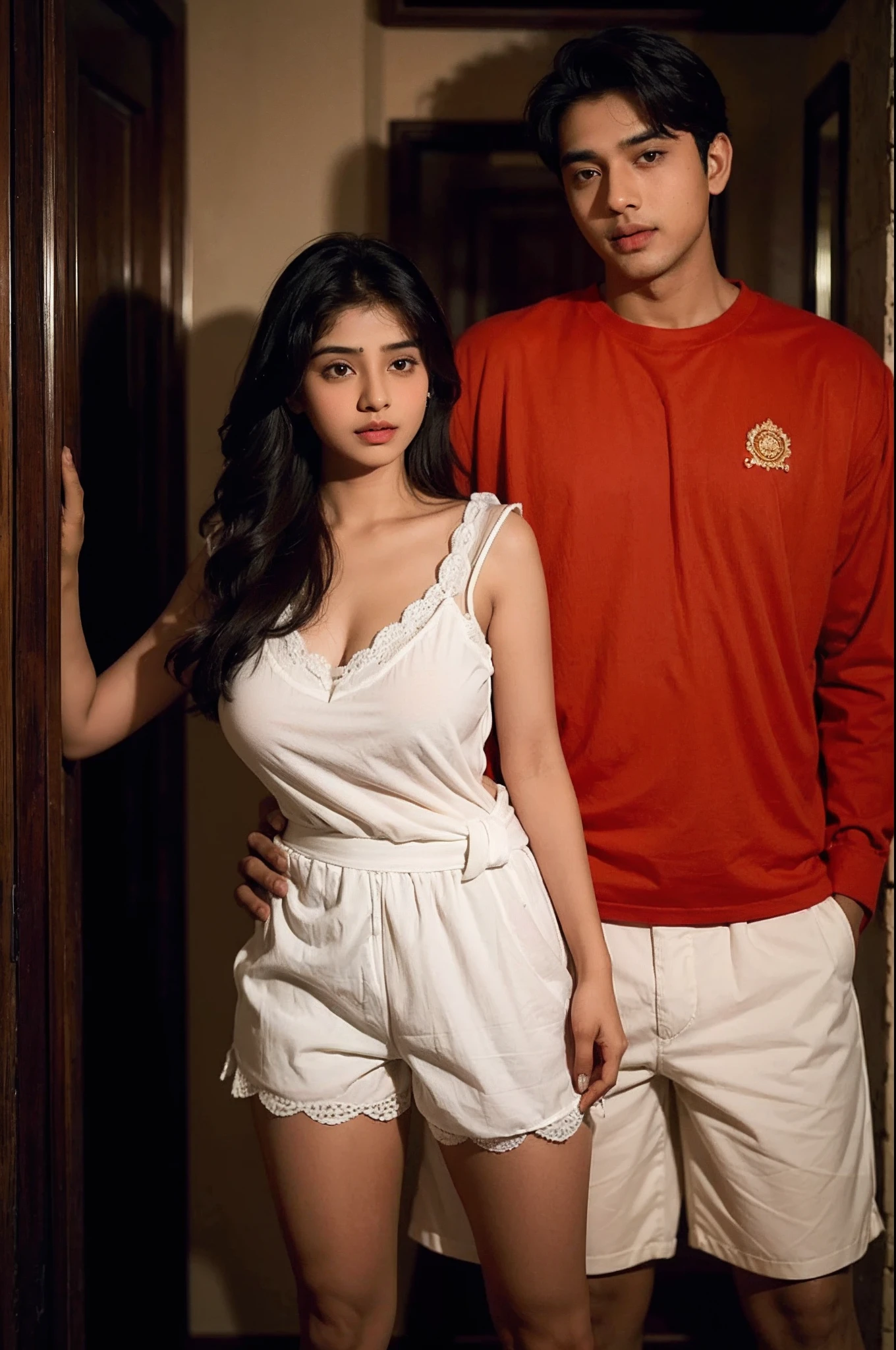 portrait of a indian lady in scalloped shorts, standing with one big boy (1 boy) in shorts, indian girl has big breasts,boy grabbing the girl, realistic, high detailing, hyper-realistic, 8k (( boy grabbing girl' waist)) ((standing pose))