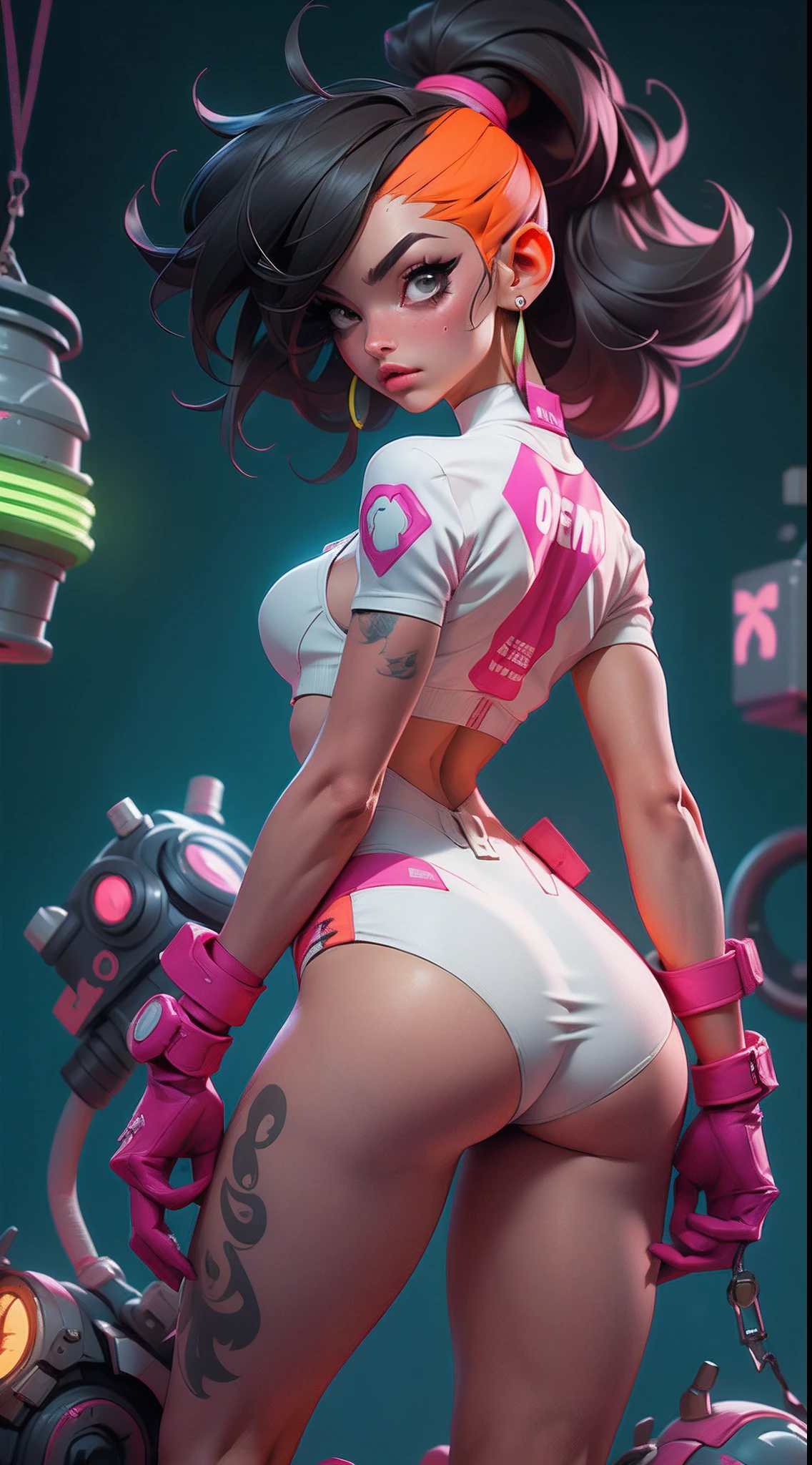 motor irreal:1.4,UHD,La mejor calidad:1.4, fotorrealista:1.4, textura de la piel:1.4, obra maestra:1.8,y pcalienteography ultra detallada, Juri Han,La chica bonita Juri Han de Street Fighter,posing from behind,Gimnasio cyberpunk, grande, guapa, neon light. lleva un (Orange Lingerie Socks Clothing),gimnasio, y un (Cuerda negra, white pattern :1.2) , ((beautiful and aesthetic)), sexy, senos grandes, caliente, pecho grande, Backward position, Gimnasio cyberpunk, gimnasio,,hermosas manos finas,