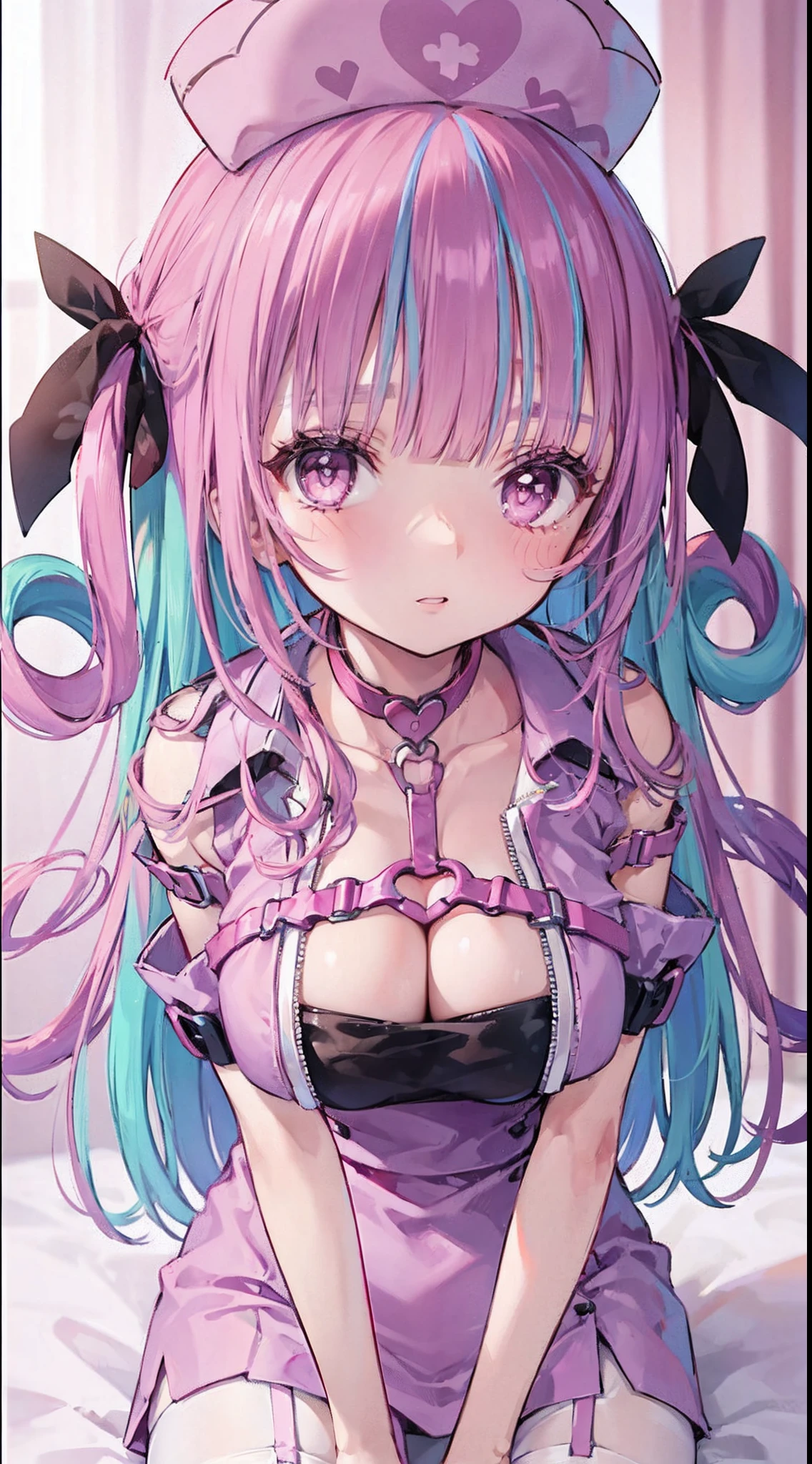 High detail, Heart-shaped pupils,Nurse hat,cleavage,Collar,Love pupils,cropped shoulders,Red Cross,Slender maiden,highly rendered,detailed face with,white stockings,hason,