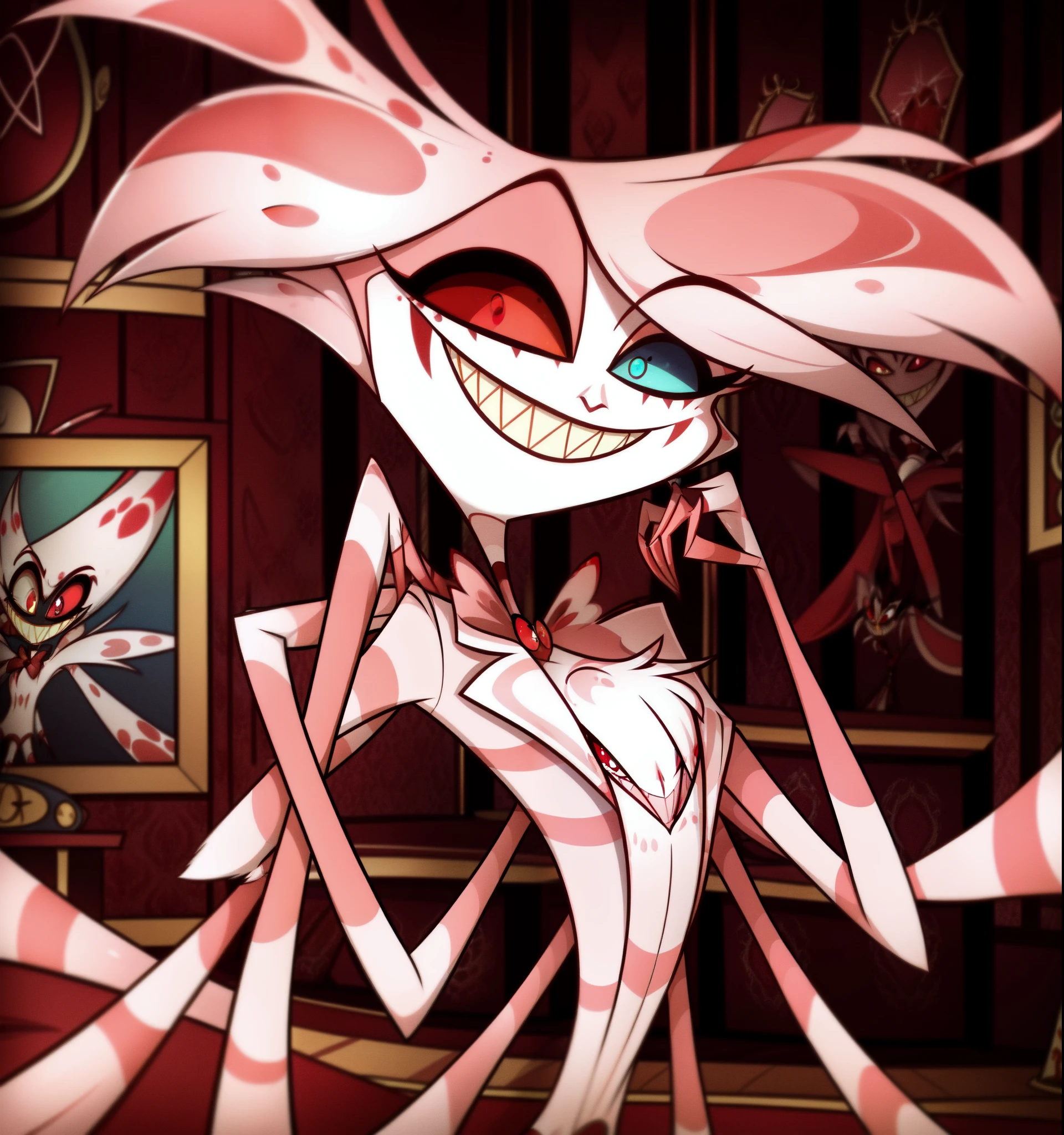 (Vivziepop style:1.25), (angel dust), animal humanoid, arachnid, arachnid humanoid, demon, gold, gold tooth, hazbin hotel, heterochromia, humanoid, male, official art, safe content, solo, spider humanoid, multi limb, multi arm, (by vivzmind)