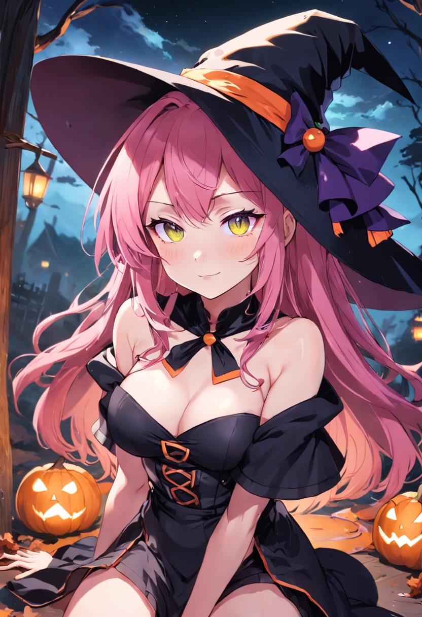 Japanese Anime girl Halloweeen witch , 1girl, sexy, smirking, pink hair, green eyes, wearing witch hat and witch outfit, sexy outfit, masterpiece,Vector 2D, Black outline, No background