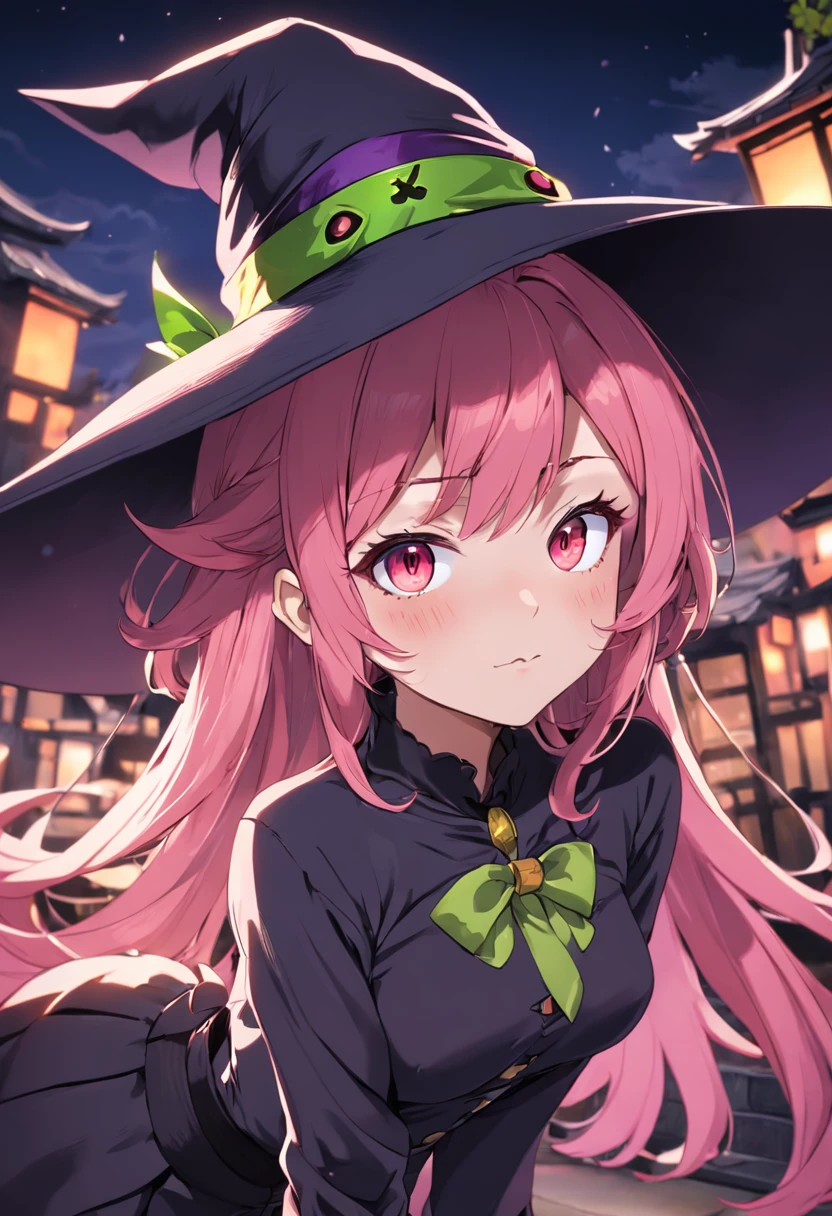 Japanese Anime girl Halloweeen witch , 1girl, sexy, smirking, pink hair, green eyes, wearing witch hat and witch outfit, sexy outfit, masterpiece,Vector 2D, Black outline, No background