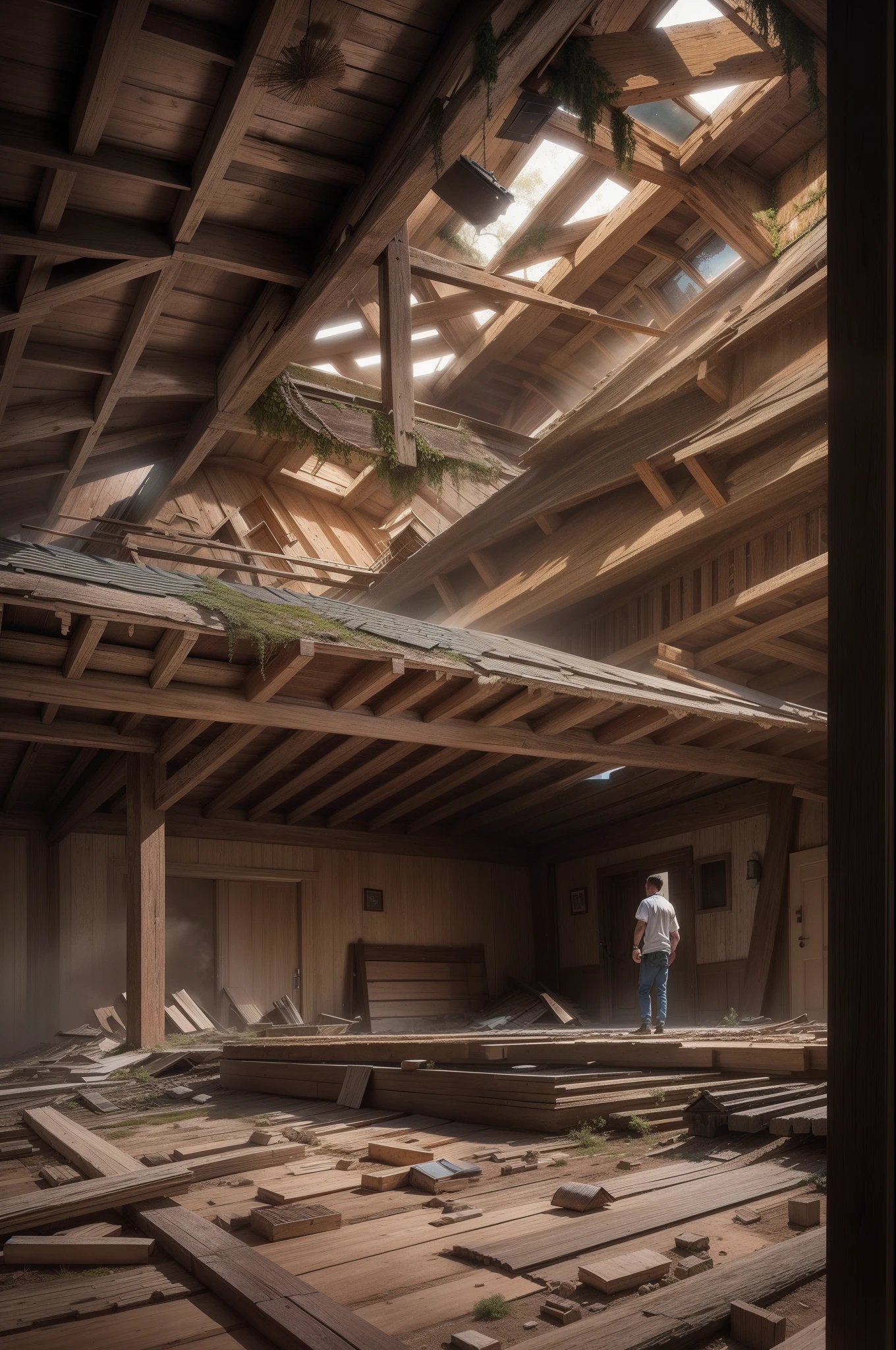 An indoor safe house roof，A man looks at the beam structure of the indoor roof，Indoor view，Stable wooden beams，pile，Wooden roof，Safe house，Doomsday architecture，Dilapidated building，Realistic scenes，ultraclear，Lots of detail