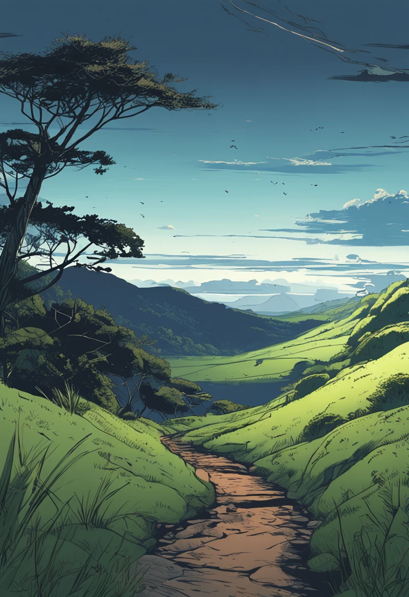 Layers of hillsides，Take up the whole picture，Blue and black color scheme，Moonlit hillside，serenity and calm，Fresh and natural，Large expanses of hillside turf，The hillside reaches from near and far to the sky，Estilo de Makoto Shinkai，scenecy，high qulity，Tall hillside turf