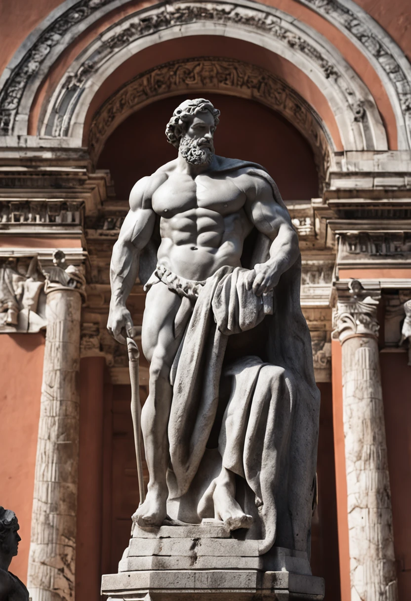 to a building, portrait of demigod hercules, statue of hercules,  greco roman statue, deus grego, classicismo artstyle, Hercules, cidade de roma