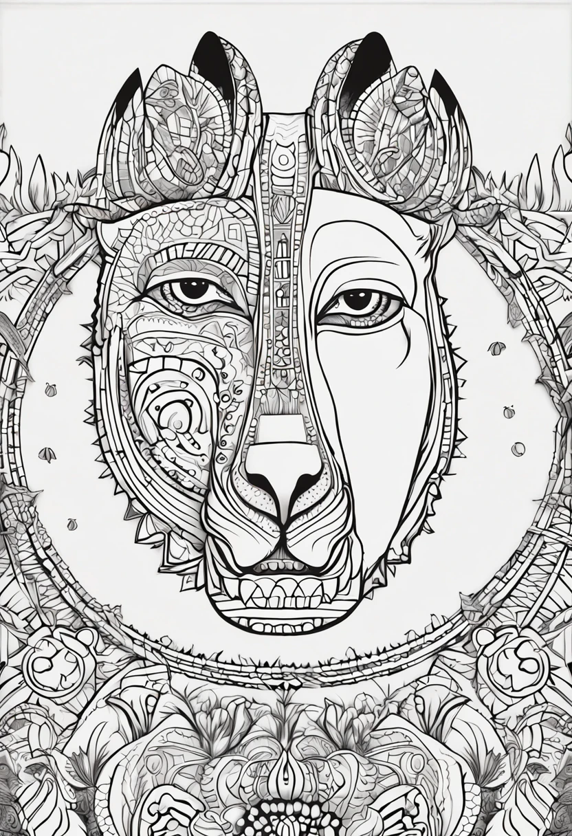 Desenho de Desenhos para colorir para adultos, linhas em negrito, corpo do filhote de cachorro mandala, Mandala rosto de dinossauro, Mandala Face, symmetric, fundo branco, Arte de linha limpa, arte de linha fina