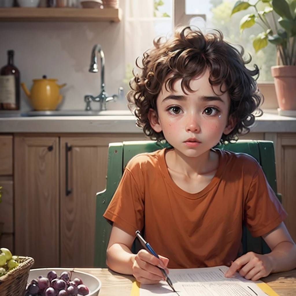 Boy with brown curly hair, black eyes, orange shirt and surrounded by grapes, illustration. --auto --s2