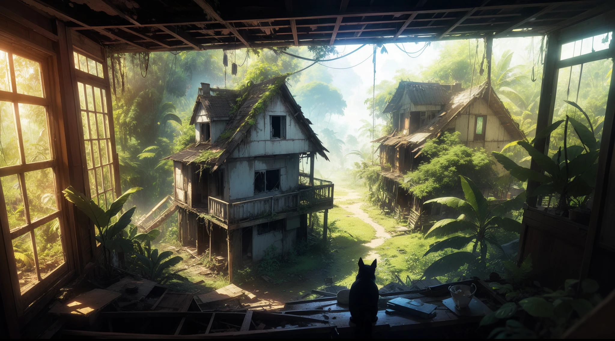 a cat is living in an abandoned house in the middle of jungle, sunny day, volumetric lights, dynamic composition, intricate details, high definition, high resolution, panoramic view, anime style