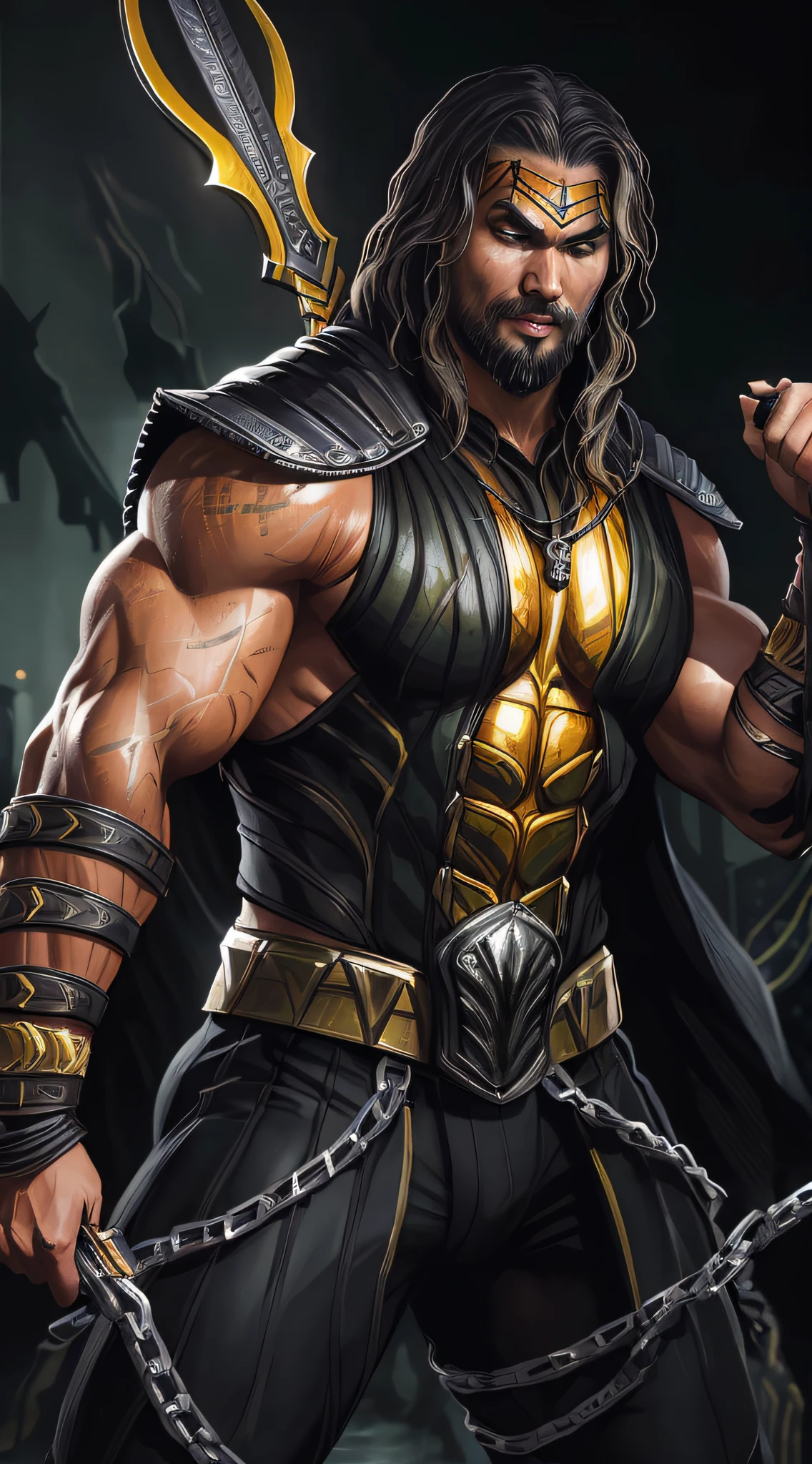 a photo of ((Jason Momoa)) as ((Scorpion)) from Mortal Kombat, yellow and black ninja outfit, (skull-like mask), kunai on a chain, Intricate, High Detail, Sharp focus, dramatic, photorealistic painting art by greg rutkowski