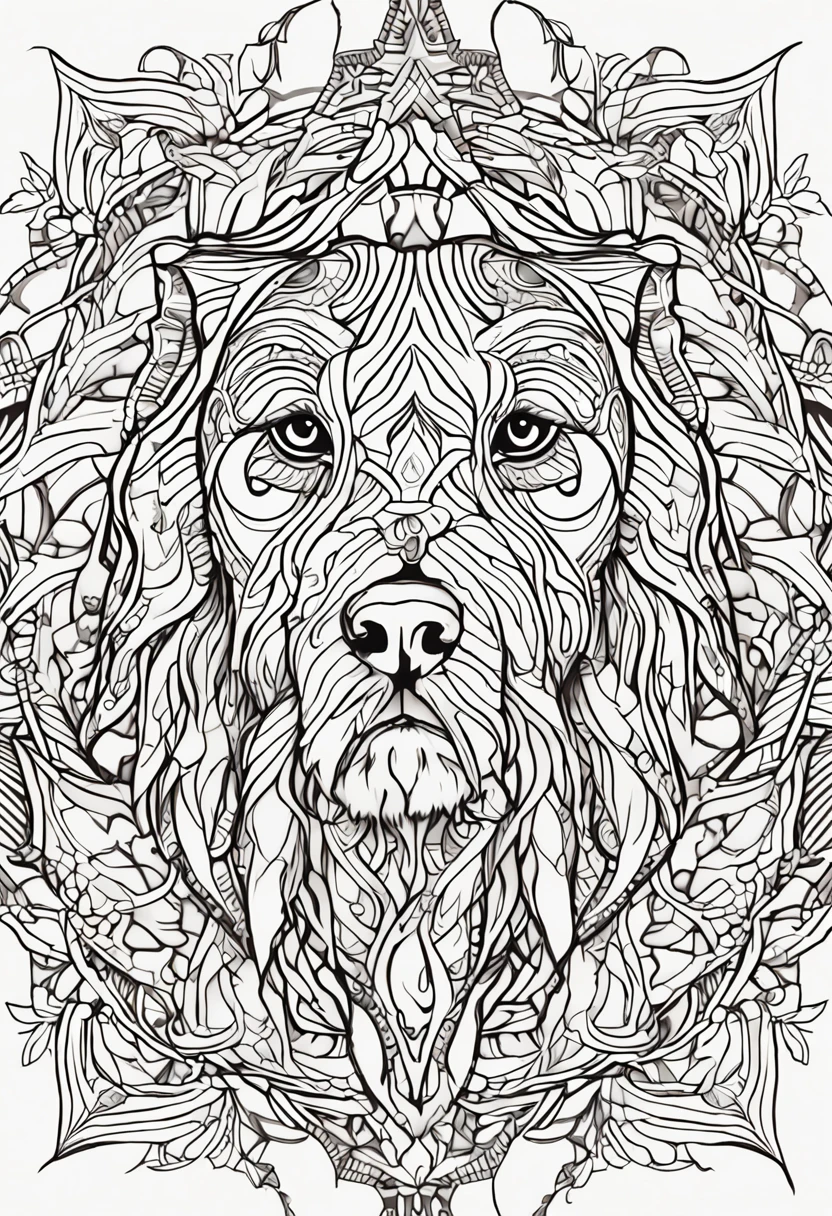 Desenho de Desenhos para colorir para adultos, linhas em negrito, corpo do filhote de cachorro mandala, Mandala rosto de cachoro, Mandala Face, symmetric, fundo branco, Arte de linha limpa, arte de linha fina