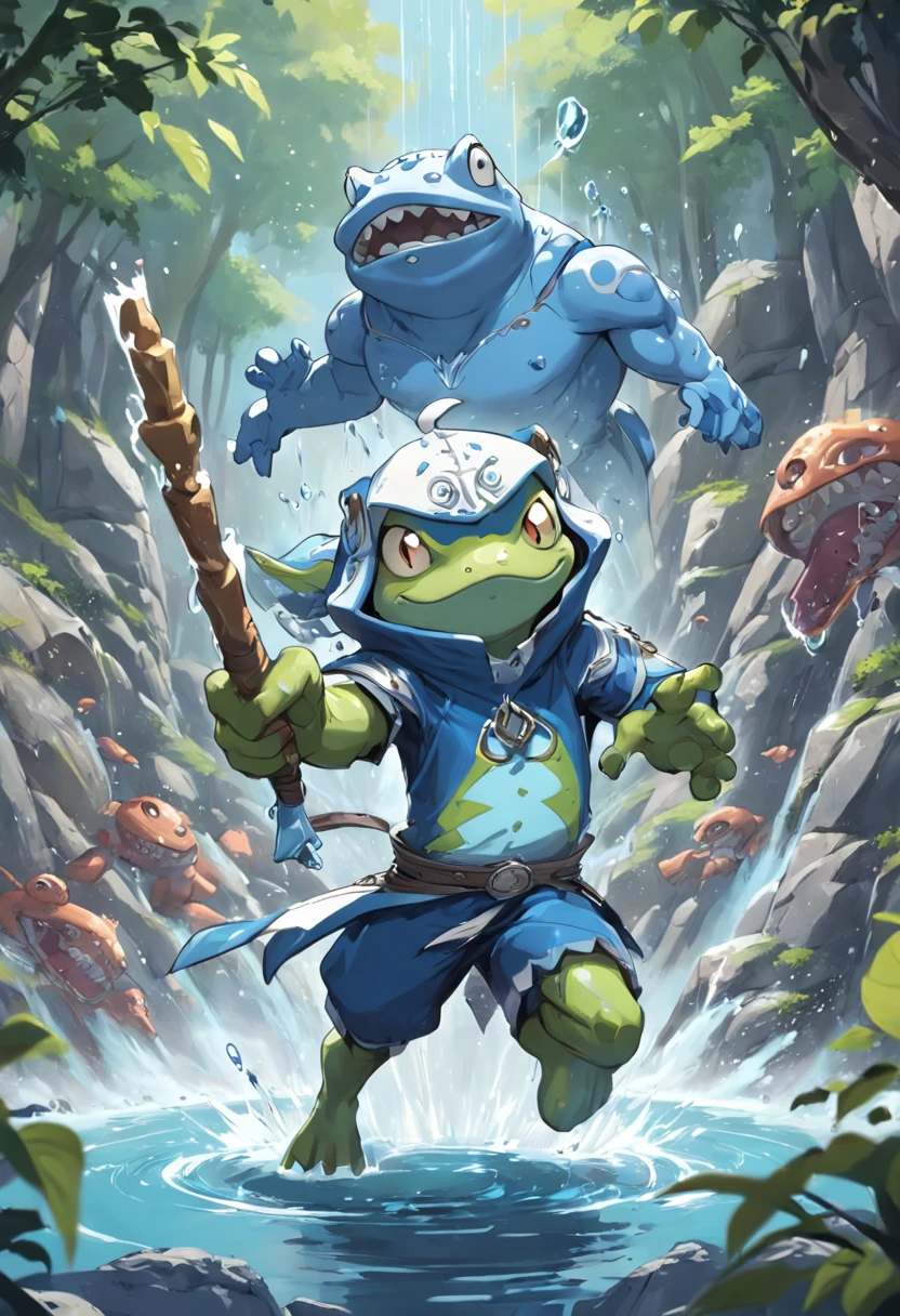 Rob Gonsalves/world of warcraft/Cuphead art style, vectorial, scribbles, Logo design, Anthropomorphic drawing of a frog man,1.0 Unleashes a water spell,Spit a jet of water, Wearing a ninja costume, Combat posture , In battle, simplistic design, RTX, hyper HD, cellshading, 32K, Ray tracing, The is well defined, Cartoon, Realistic, Drawing, Unreal Engine 5, rendering by octane, Shaders, 。.3D,Assassination organizations,jumpping ,sprint , from naruto, with ice powers, if he had ice powers, with index finger, as an anime character ,Naruto,Accurate depiction, , 8K))。