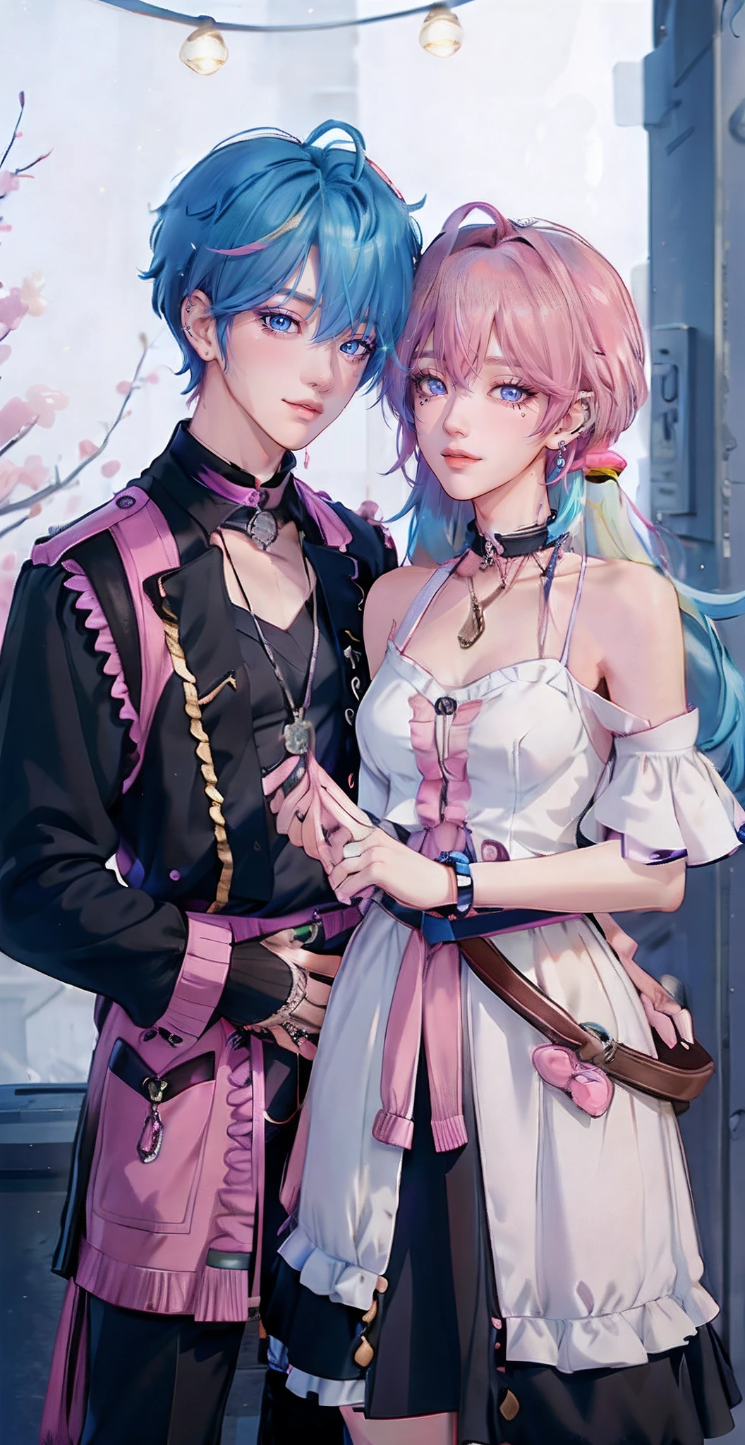 ((Male and female couples)), Idol couple, Idol Photos, Magazine covers, Photos of actors, Professional Photos, Height difference, tall male, Happiness, youthfulness, lovey-dovey, extra detailed face, detailed punk hair, very detailed character, inspired by Sim Sa-jeong, single realistic face, Cai Xukun's, detailed realistic faces, highly detailed realistic face, high detailed face anime, realistic detailed face, Accurate detailed face, attractive androgynous humanoid, Black Casual Idol Costume, ((Man with light blue hair)), ((Woman with pink hair)), ((Woman with long hair below waist)), ((Man with short hair over ears)), ((Pink hair woman with gentle expression)), ((Man with light blue hair with wild expression)), high-level image quality, masterpiece, Photographed so that the whole body can be seen, Photographed to make clothes look beautiful, Take your eyes off, ((two individuals)), ((British couple))