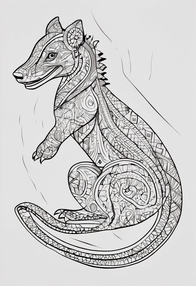 Desenho de Desenhos para colorir para adultos, linhas em negrito, corpo do filhote de cachorro mandala, Mandala rosto de dinossauro, Mandala Face, symmetric, fundo branco, Arte de linha limpa, arte de linha fina