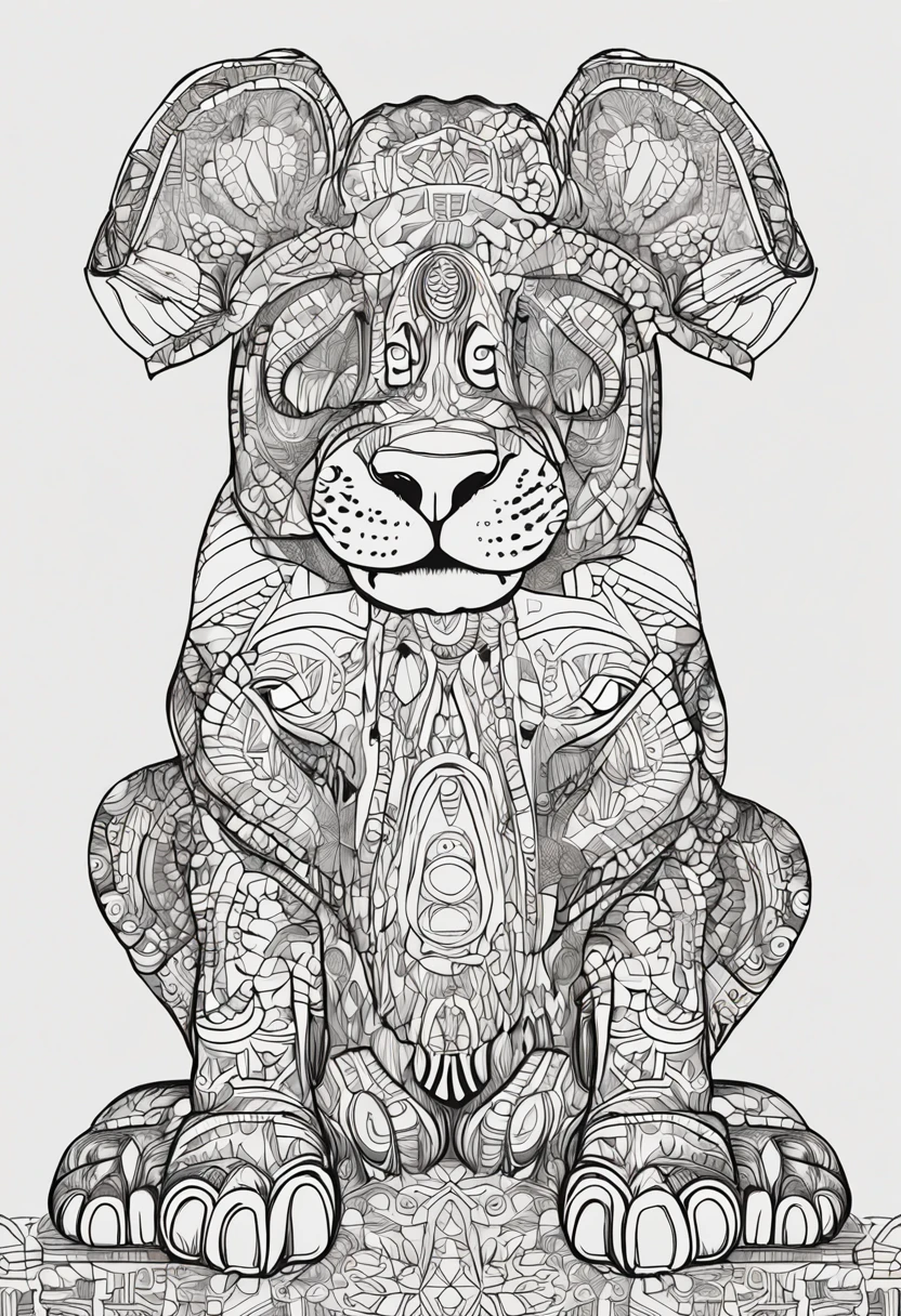 Desenho de Desenhos para colorir para adultos, linhas em negrito, corpo do filhote de cachorro mandala, Mandala rosto de dinossauro, Mandala Face, symmetric, fundo branco, Arte de linha limpa, arte de linha fina