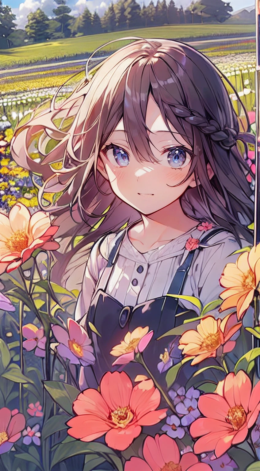 masutepiece, Best Quality,Illustration, Wallpaper, Ultra Detail, Absurd beauty、1 beautiful girl、 (Semi-long hair、short braided hair), Beautiful ultra-detailed eyes , Hair fluttering in the wind、Keep your head small、flower field、great outdoors、Landscape of the flower garden
