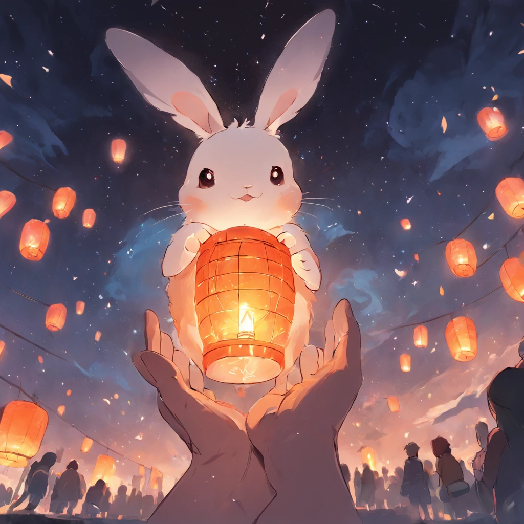 A close-up of a very beautiful hand holding a rabbit on three-quarters of the side,under the starry night sky,Flying Kong Ming lanterns,Bright moon