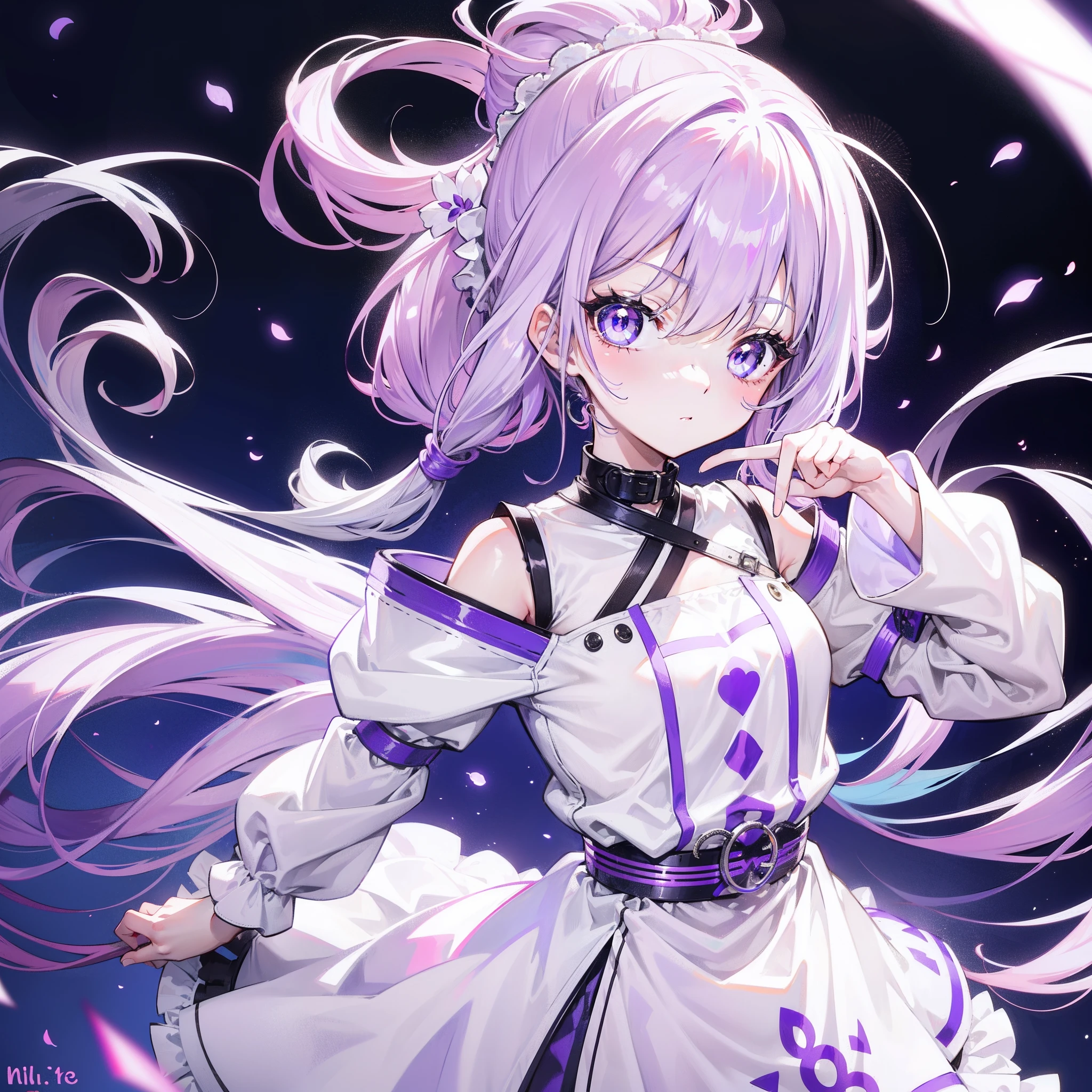 Lilac hair and ponytail,Milky white and bright light purple pupils and clothes,Petite figure,Very small, a sweet loli,It's a soft girl
