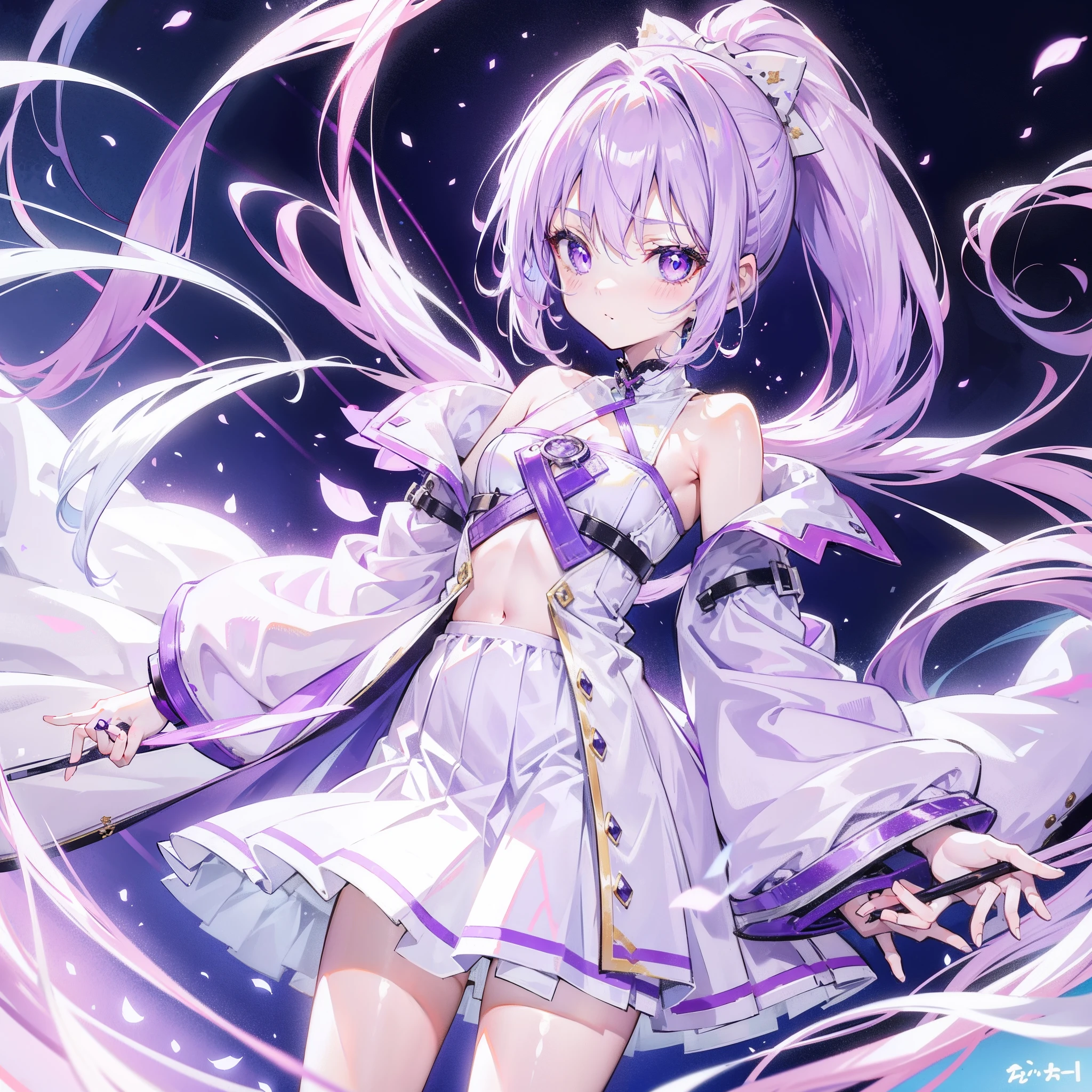 Lilac hair and ponytail,Milky white and bright light purple pupils and clothes,Petite figure,Very small, a sweet loli,It's a soft girl
