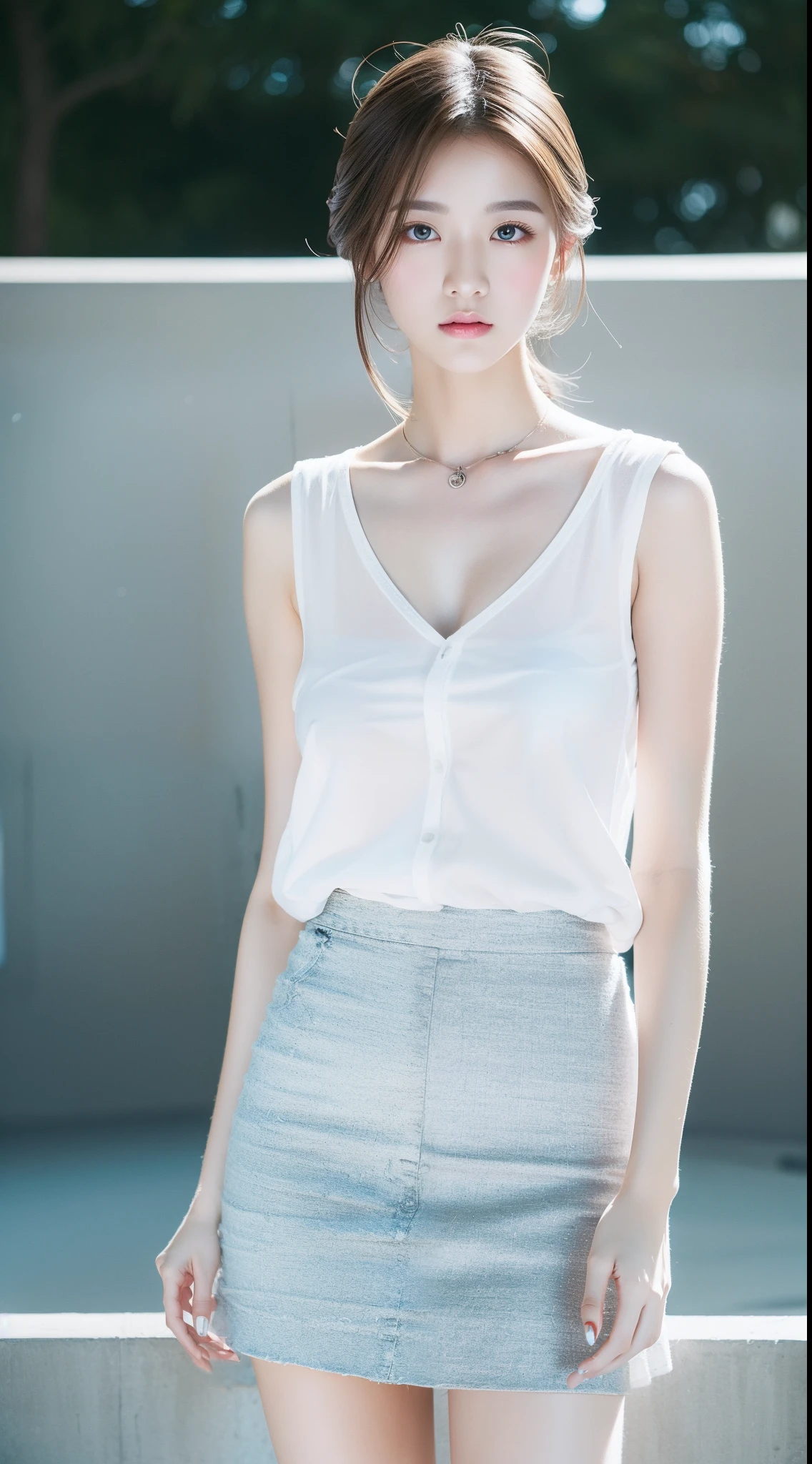 Ultra-clear resolution，top Quority，Clear  eyes，plain face，Gloss on lips，s the perfect face，White skin，Nice chest，with perfect legs，Random style skirt，Random environment