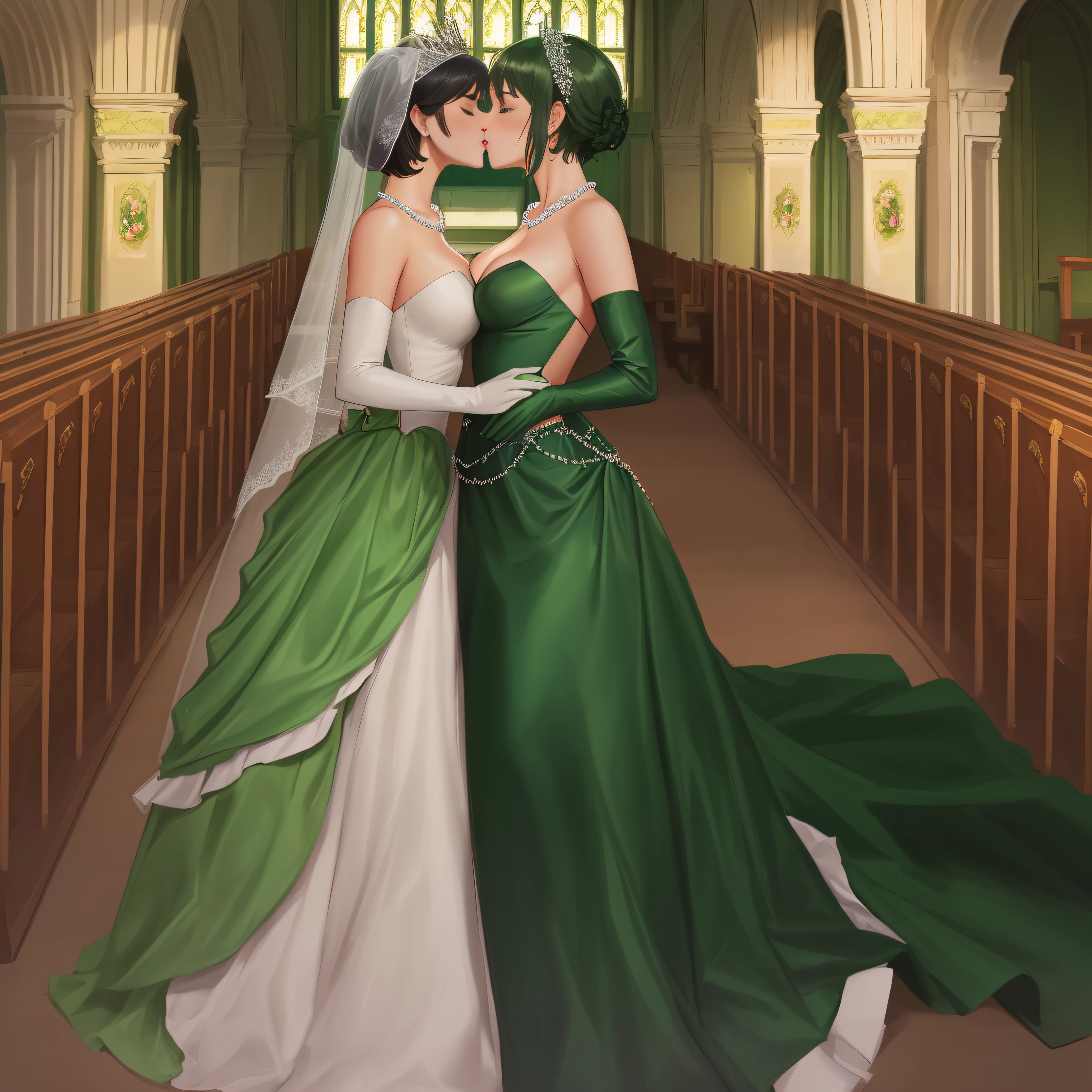 hight resolution、ultra-detailliert、(1girl in:1.3), Two women kissing in church, Green Satin Long Gloves, green dress, Green shorthair, lipsticks, the kiss, bride, Green Pearl Necklace, Green Bride, lesbian, Green Dress Flower Cleanser，Sense of atmosphere, best qualtiy，tmasterpiece，1girll，30-years old，Green dress，Daytime Church，full body Esbian, Green gloves，With short black hair，big breasts beautiful，looking at viewert，Smile，Green Bridal Veil，Green Long Grove，Satin green long gloves,　lipsticks, Pearl Necklace、Green gloves,emerald tiara