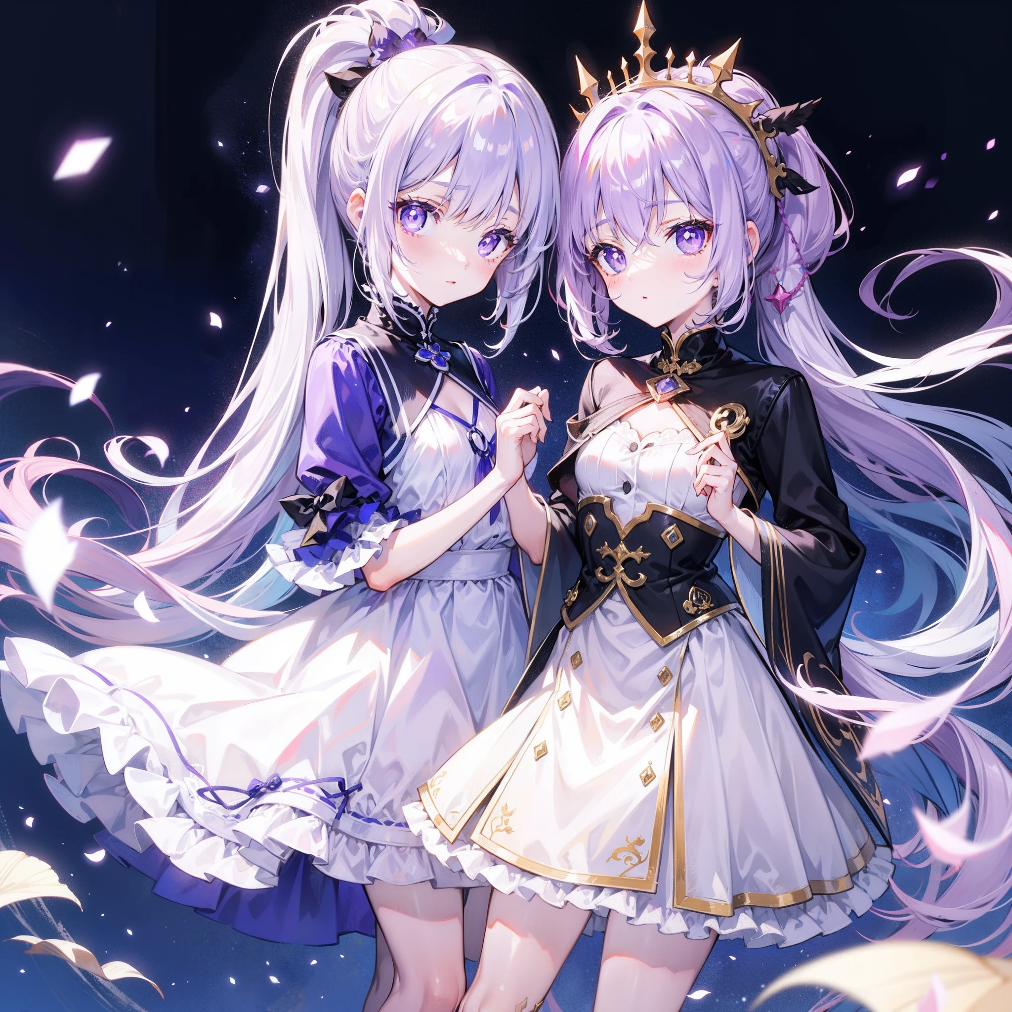 Lilac hair and ponytail,Milky white and bright light purple pupils and clothes,Petite figure,Very small, a sweet li,It's a soft girl