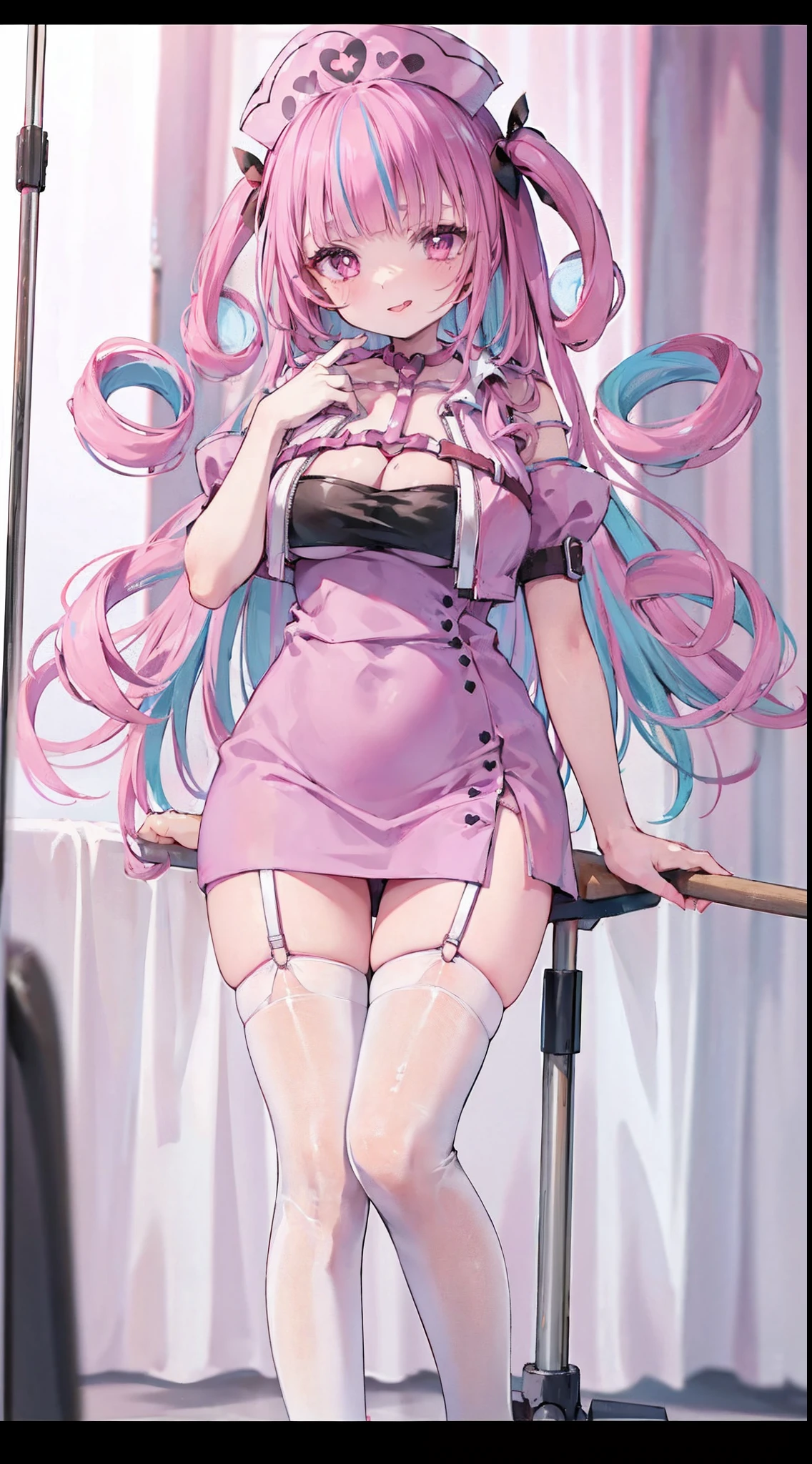 High detail, Heart-shaped pupils,Nurse hat,cleavage,Collar,Love pupils,cropped shoulders,Red Cross,Slender maiden,highly rendered,detailed face with,white stockings,Stick out your tongue,standing on your feet,