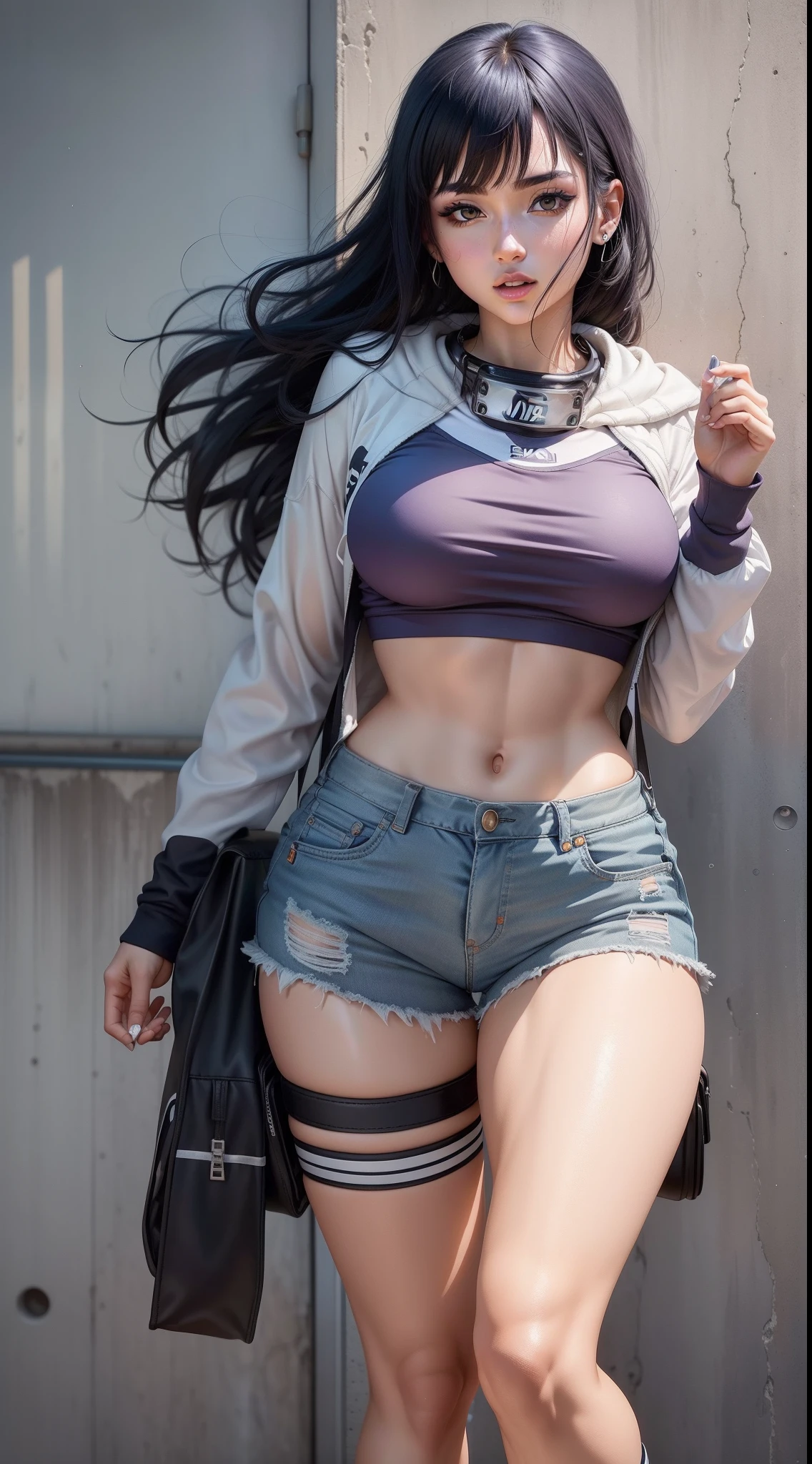 Hinata Hyuga usando roupas curtas, Bunda Grande, pernas grossas, Funkeira, Brasileira, extremamente sexy, rebolando, dancing funk, short curto, mostrando metade da bunda, bunda Grande, pernas grossas, cabelos longos, Nike Air Jordan sneakers, idade entre 18 a 20 anos, volkswagen Saveiro no fundo, com som ligado, alto falantes, na cidade do Rio de Janeiro no Brasil