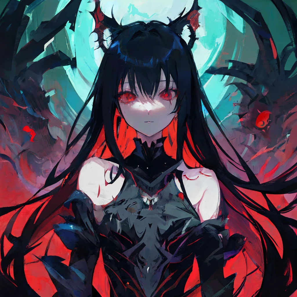 Anime girl with long black hair and red eyes standing in front of a full moon, anime demon, badass anime 8 k, meninaro anime, estilo anime 4K, Anime Art Wallpaper 8K, Anime Art Wallpaper 4K, Anime Art Wallpaper 4K, muito bonita menina gato arte de anime digital detalhada, arte de fantasia de anime, gato anime bonito, Demon girl