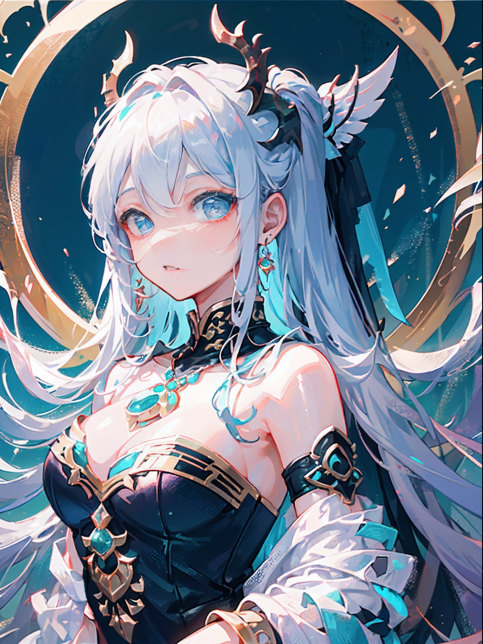 The age is 19, the gender is a female, the height is around 174 Centimeters, the posture must be feminine, the hair must be long silver-white, the eyes must be beautifully expressive ocean-blue, the face must be perfectly beautiful, the skin has to be beige, the ethnicity must be Asian, the clothes can be white attire with Chinese dragon style, the accessories can be dragon earrings dragon necklace dragon bracelet, the background must be blue with Chinese dragon logo, the dimension must be 8k, HD, reduce noise, reduce unnecessary generate.