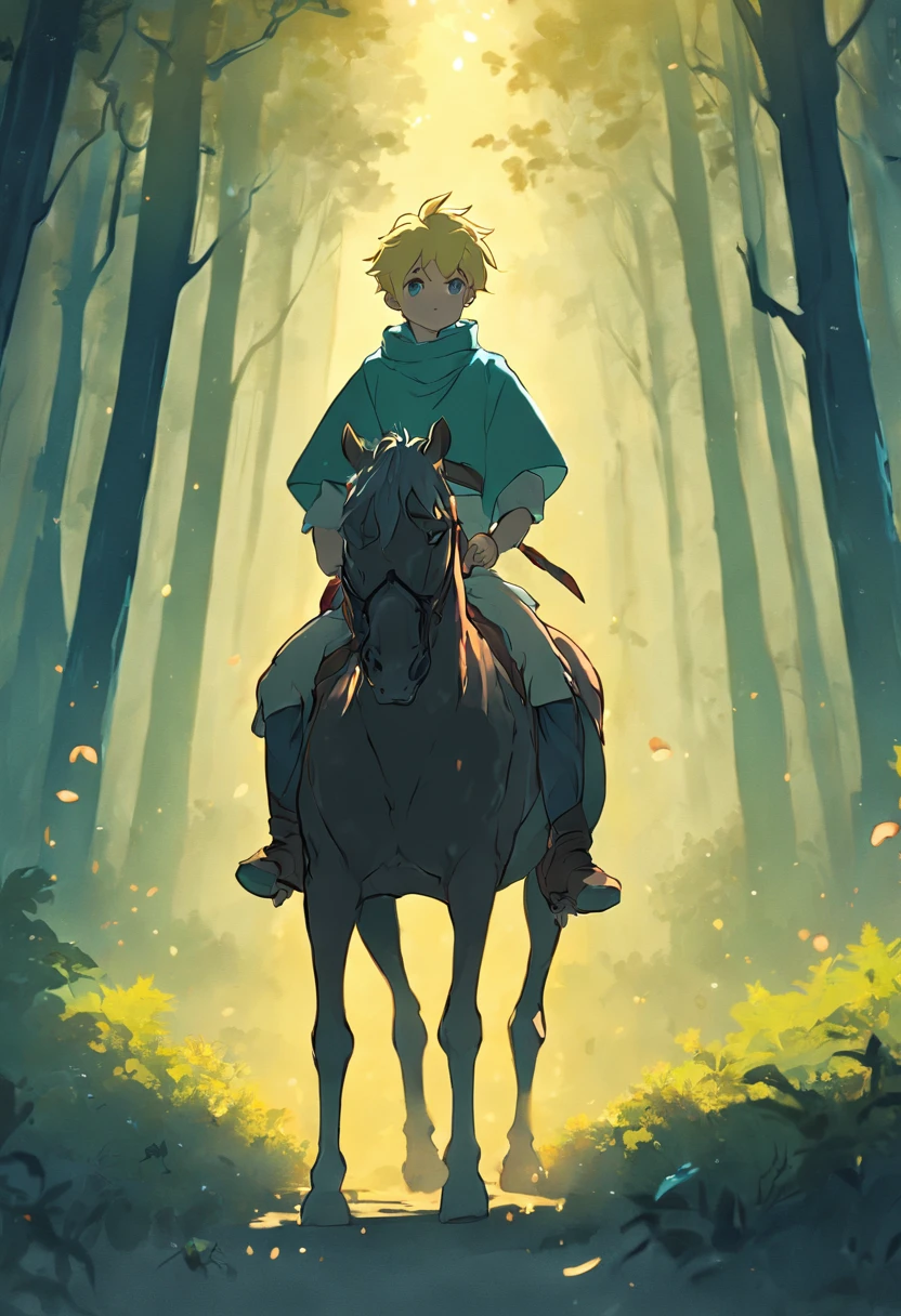 The little prince rode on horseback，Face the mysterious forest。He looked determined，Get ready for an adventure。The forest is surrounded by mysterious lights and misty trees。