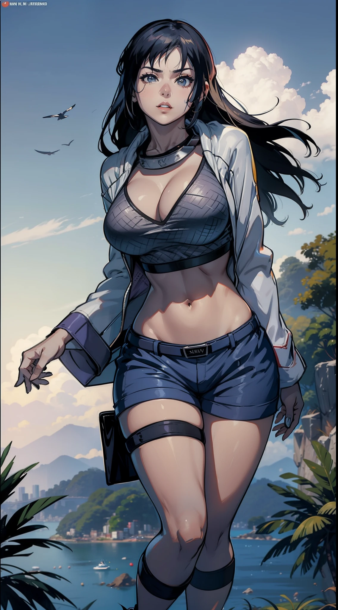 Hinata Hyuga usando roupas curtas, Bunda Grande, pernas grossas, Funkeira, Brasileira, extremamente sexy, rebolando, dancing funk, short curto, mostrando metade da bunda, bunda Grande, pernas grossas, cabelos longos, Nike Air Jordan sneakers, idade entre 18 a 20 anos, volkswagen Saveiro no fundo, com som ligado, alto falantes, na cidade do Rio de Janeiro no Brasil
