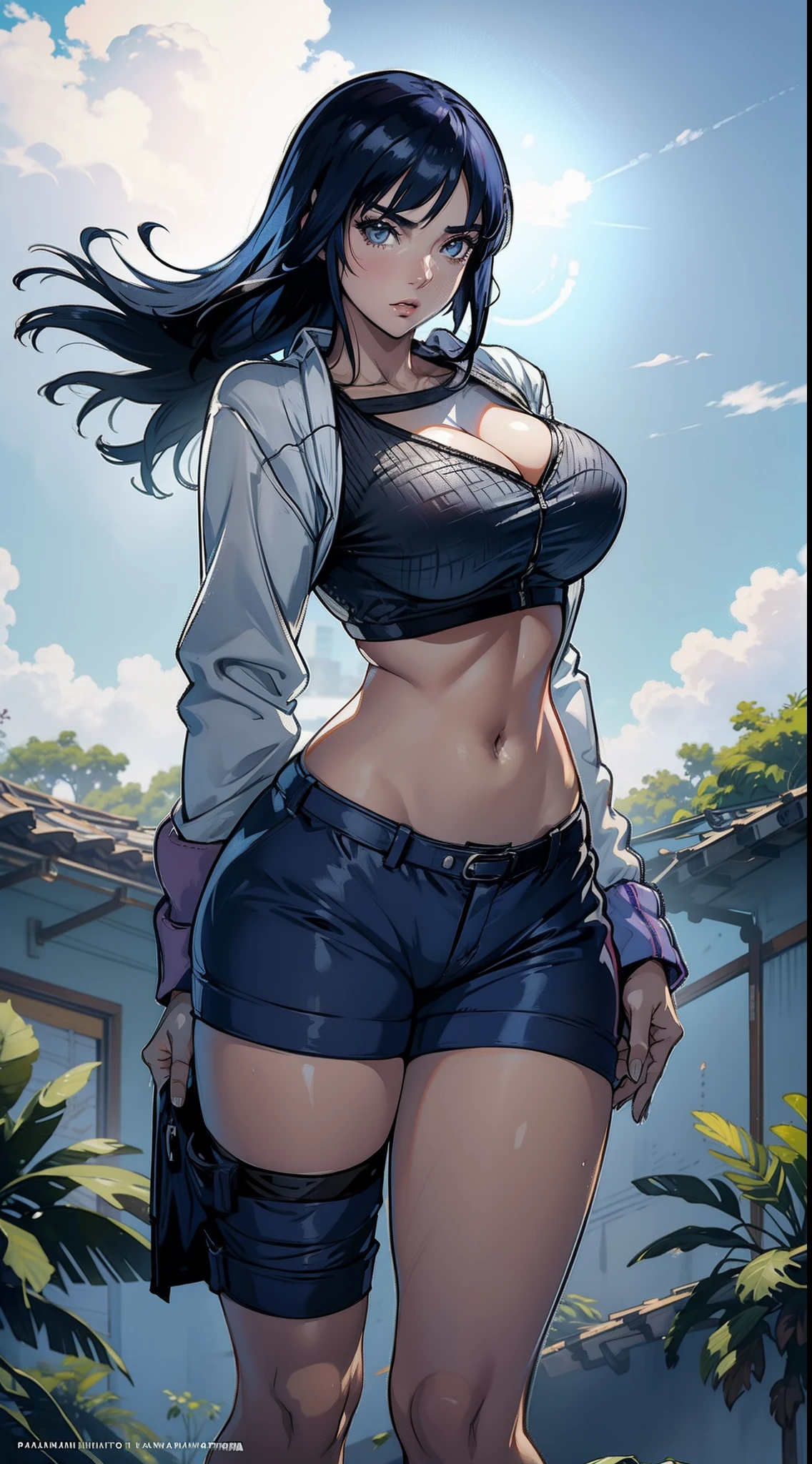 Hinata Hyuga usando roupas curtas, Bunda Grande, pernas grossas, Funkeira, Brasileira, extremamente sexy, rebolando, dancing funk, short curto, mostrando metade da bunda, bunda Grande, pernas grossas, cabelos longos, Nike Air Jordan sneakers, idade entre 18 a 20 anos, volkswagen Saveiro no fundo, com som ligado, alto falantes, na cidade do Rio de Janeiro no Brasil