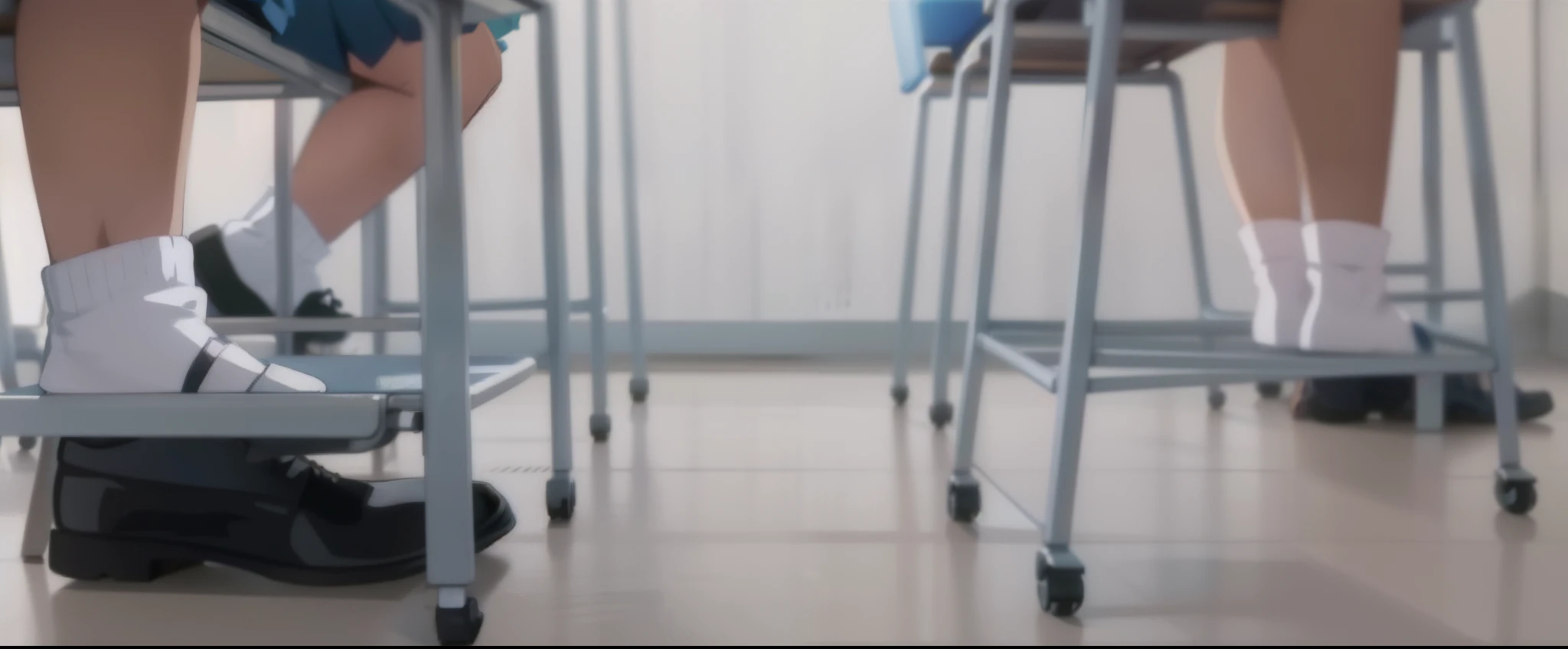 Anime scene, under the table, classroom, step on another shoe, classroom