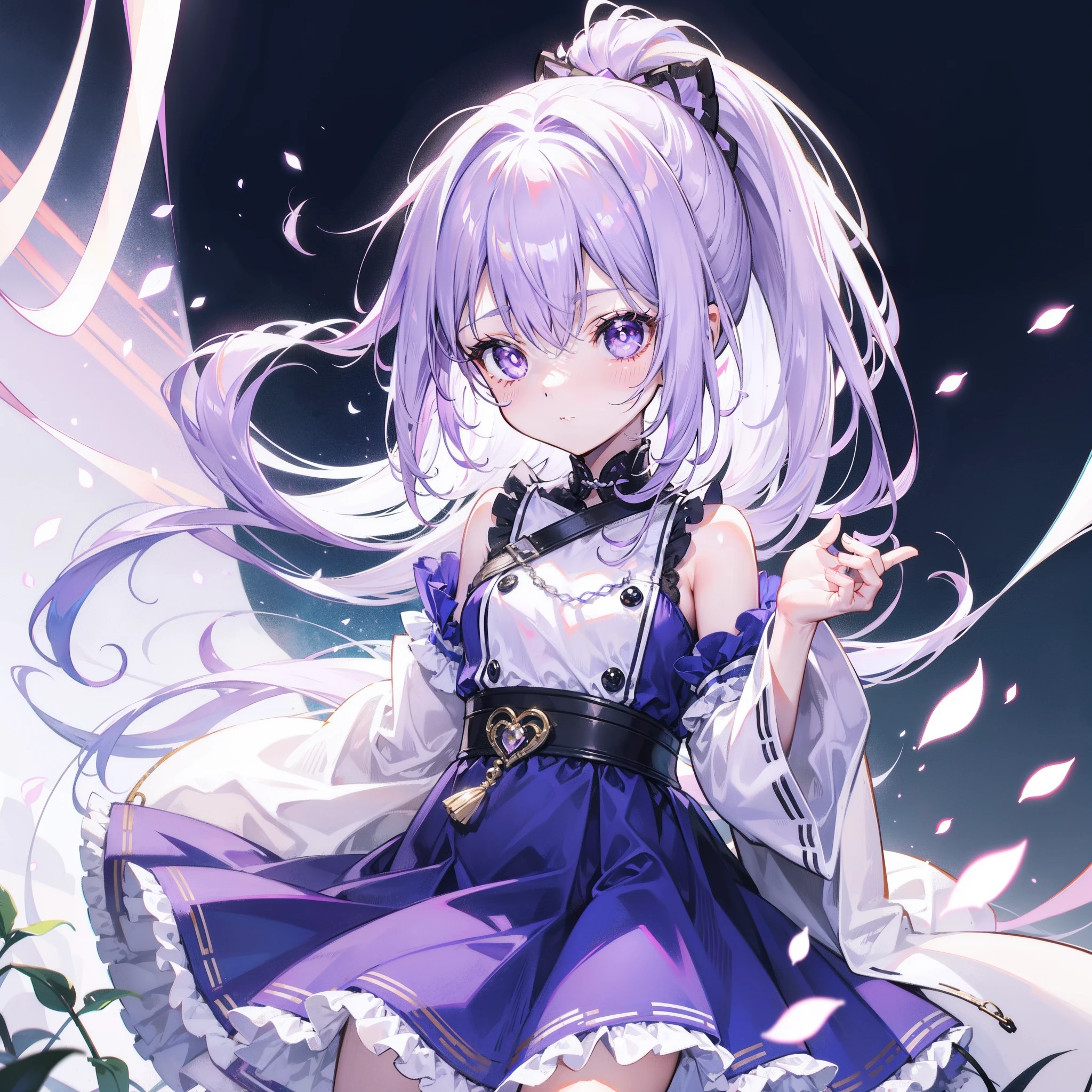 Lilac hair and ponytail,Milky white and bright light purple pupils and clothes,Petite figure,Very small, a sweet li,It's a soft girl