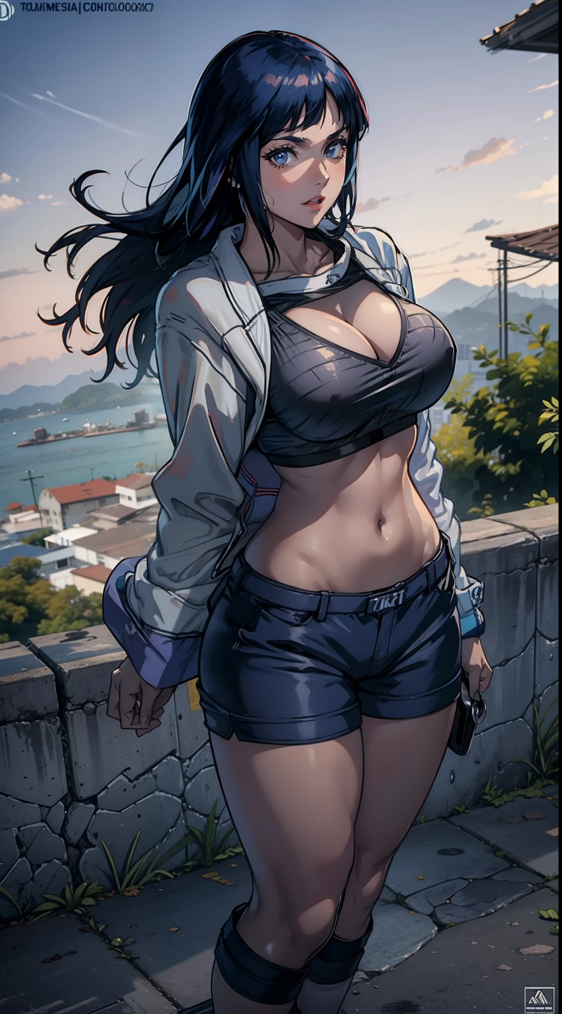 Hinata Hyuga usando roupas curtas, Bunda Grande, pernas grossas, Funkeira, Brasileira, extremamente sexy, rebolando, dancing funk, short curto, mostrando metade da bunda, bunda Grande, pernas grossas, cabelos longos, Nike Air Jordan sneakers, idade entre 18 a 20 anos, volkswagen Saveiro no fundo, com som ligado, alto falantes, in the city of Balneário Camboriú in Brazil
