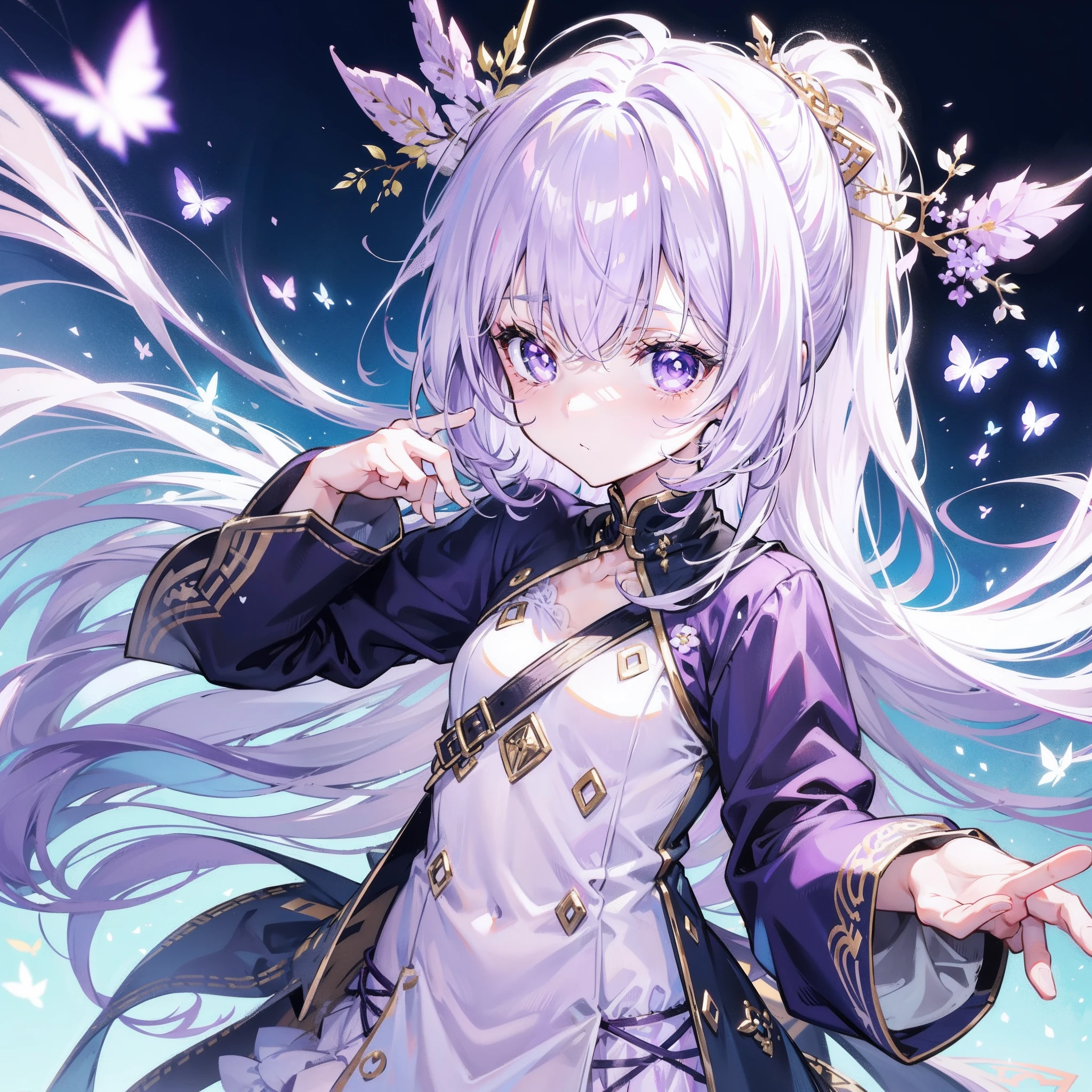 Lilac hair and ponytail,Milky white and bright light purple pupils and clothes,Petite figure,Very small, a sweet loli,It's a soft girl