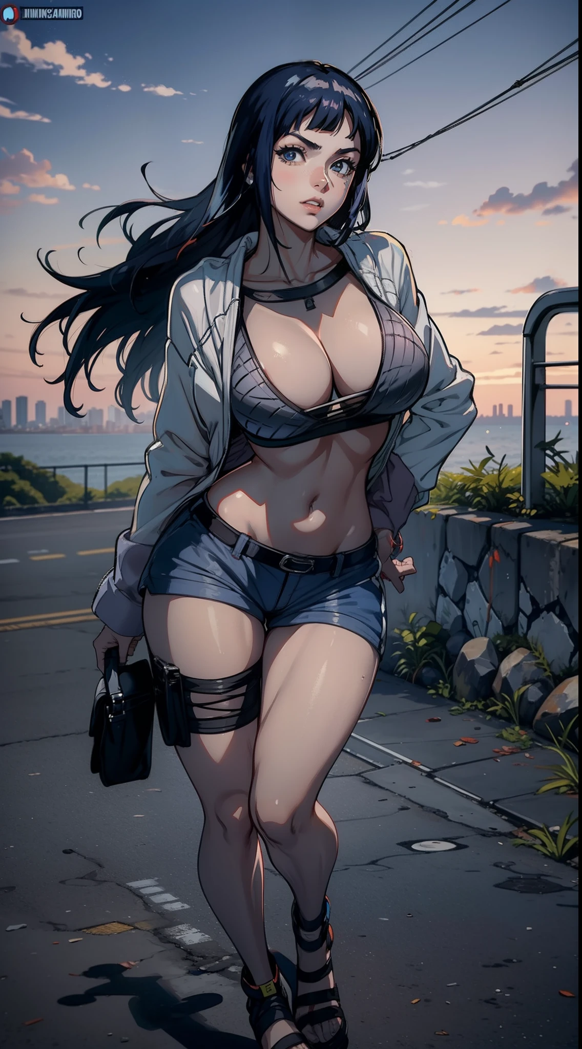 Hinata Hyuga usando roupas curtas, Bunda Grande, pernas grossas, Funkeira, Brasileira, extremamente sexy, rebolando, dancing funk, short curto, mostrando metade da bunda, bunda Grande, pernas grossas, cabelos longos, Nike Air Jordan sneakers, idade entre 18 a 20 anos, volkswagen Saveiro no fundo, com som ligado, alto falantes, in the city of Balneário Camboriú in Brazil