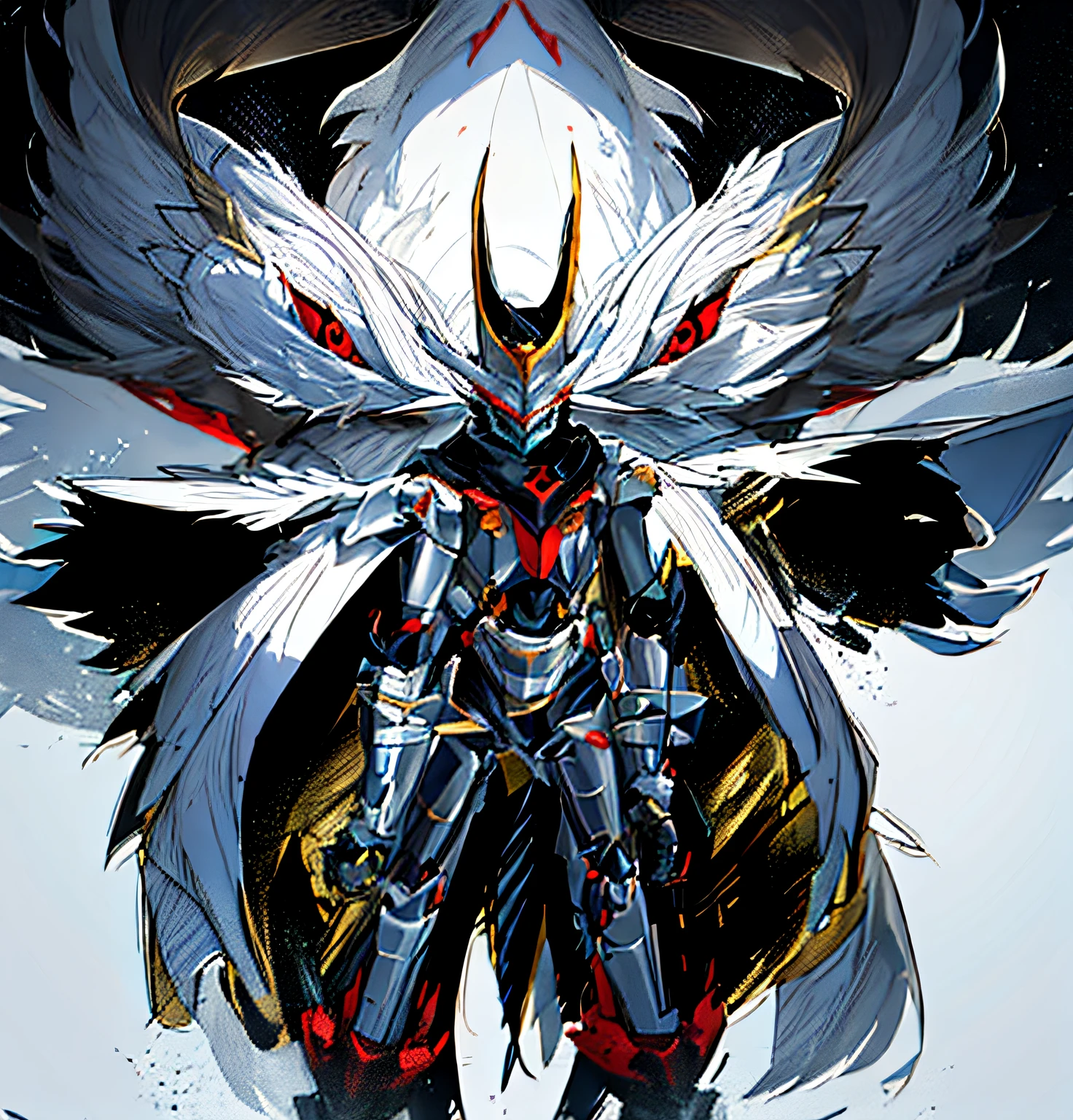 (best quality, masterpiece) a close up of a drawing of a person in a costume, mecha anthropomorphic penguin, anthropomorphic raven knight, gurren lagan, greek god in mecha style, white and red armor, giratina, concept art of omegamon, kitsune inspired armor, the golden cat armor knight, official art, fan art
