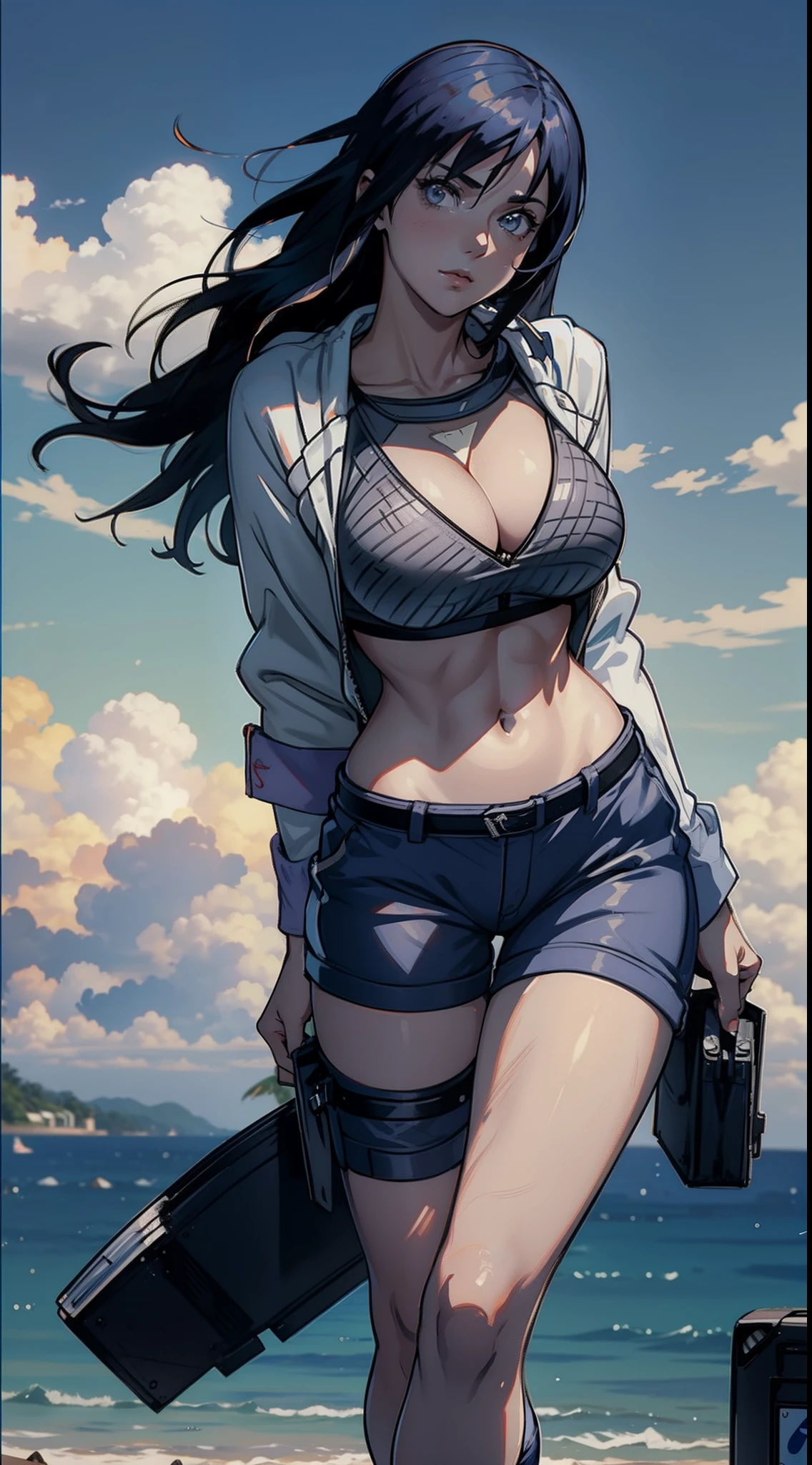 Hinata Hyuga usando roupas curtas, Bunda Grande, pernas grossas, Funkeira, Brasileira, extremamente sexy, rebolando, dancing funk, short curto, mostrando metade da bunda, bunda Grande, pernas grossas, cabelos longos, Nike Air Jordan sneakers, idade entre 18 a 20 anos, volkswagen Saveiro no fundo, com som ligado, alto falantes, in the city of Balneário Camboriú in Brazil