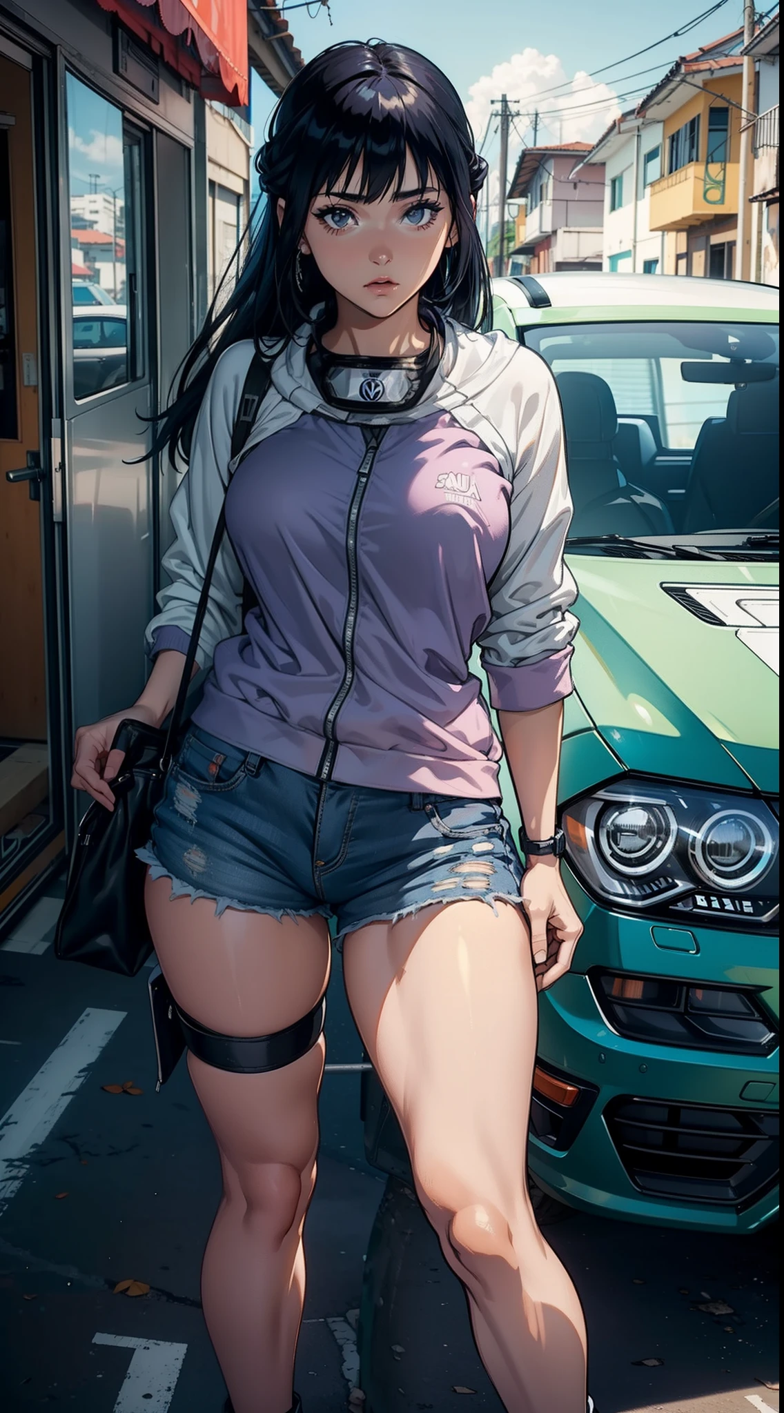 Hinata Hyuga usando roupas curtas, Bunda Grande, pernas grossas, Funkeira, Brasileira, extremamente sexy, rebolando, dancing funk, short curto, mostrando metade da bunda, bunda Grande, pernas grossas, cabelos longos, Nike Air Jordan sneakers, idade entre 18 a 20 anos, volkswagen Saveiro no fundo, com som ligado, alto falantes, in the city of Balneário Camboriú in Brazil