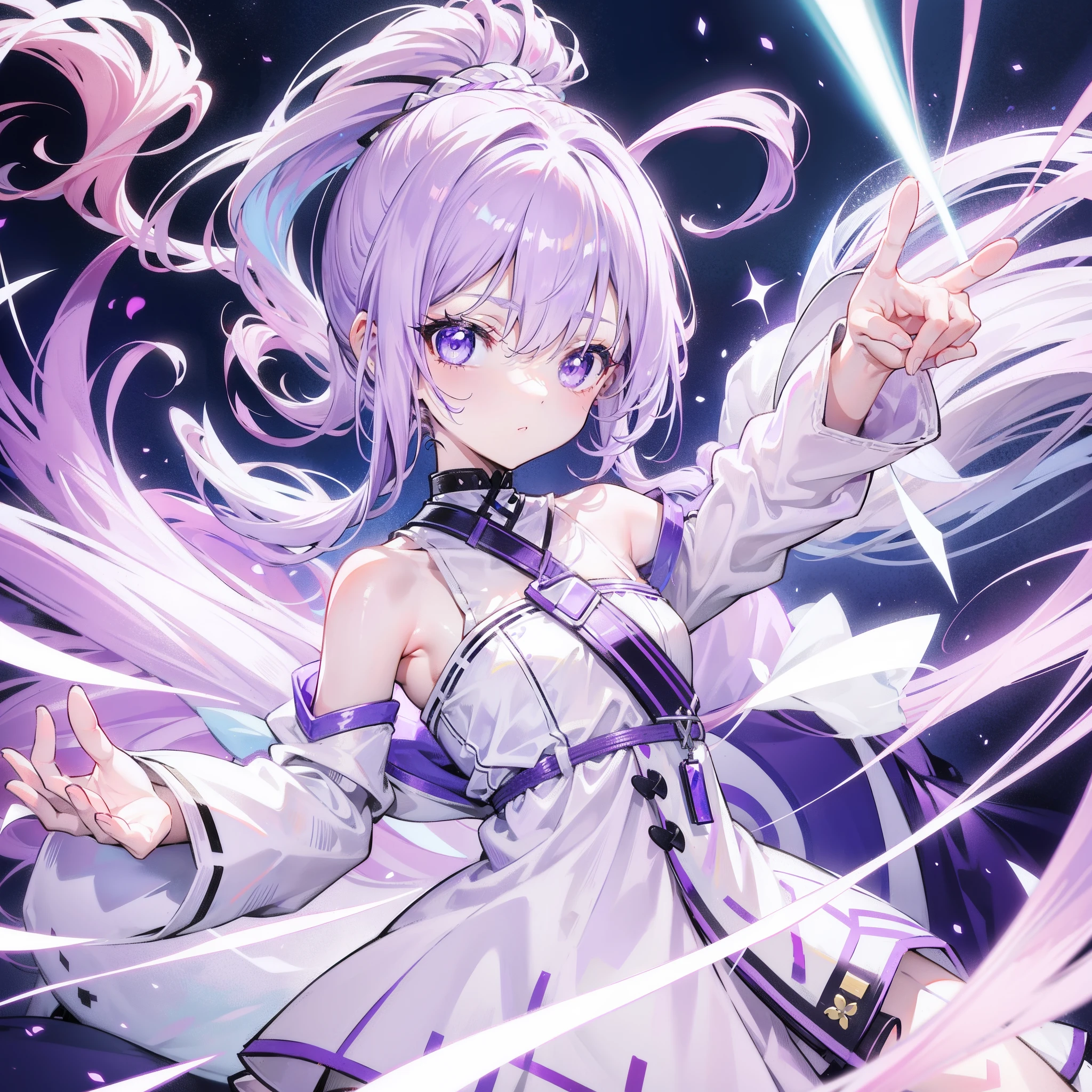 Lilac hair and ponytail，Milky white and bright light purple pupils and clothes，Petite figure，Very small, a sweet loli，It's a soft girl