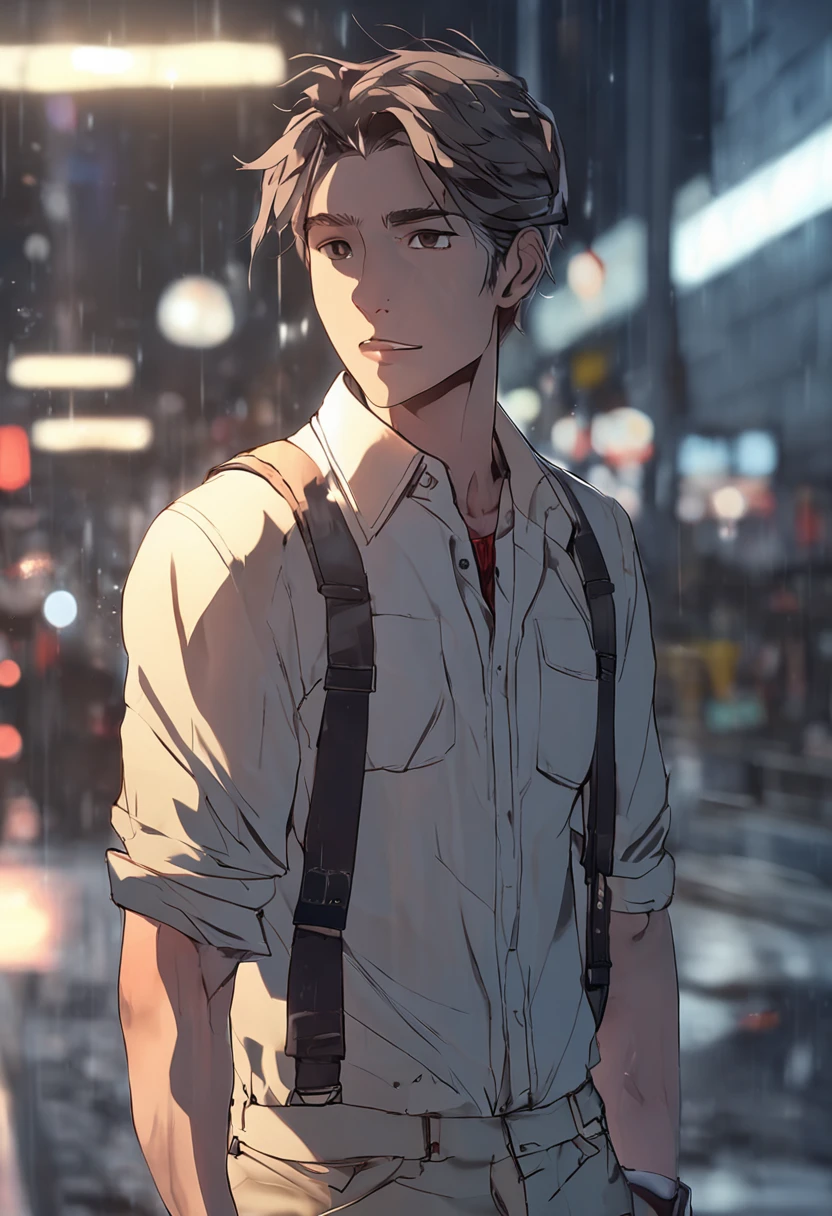 white tight t-shirt, Denim suspenders, standing on your feet:1.2), ((city night scene, the roof:1.3)), Highly detailed facial and skin texture, 詳細な目, 二重まぶた