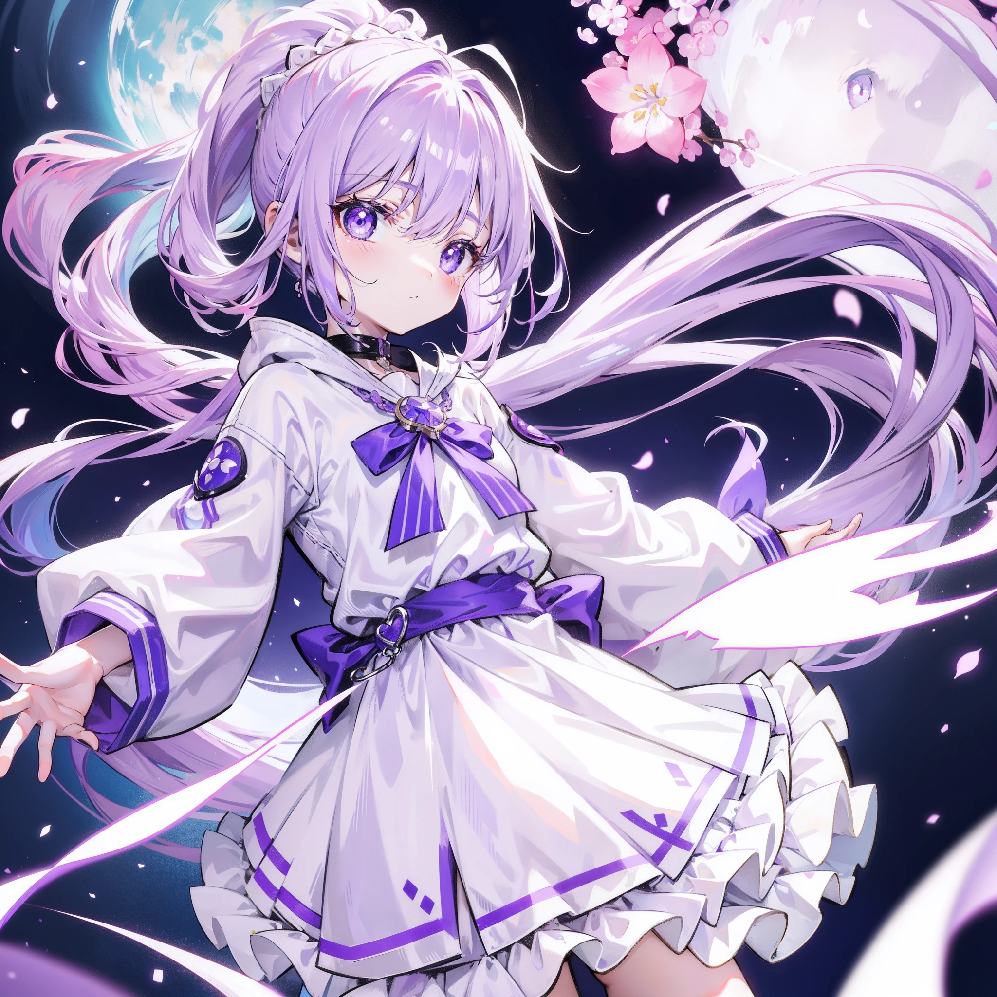 Lilac hair and ponytail，Milky white and bright light purple pupils and clothes，Petite figure，Very small, a sweet loli，It's a soft girl